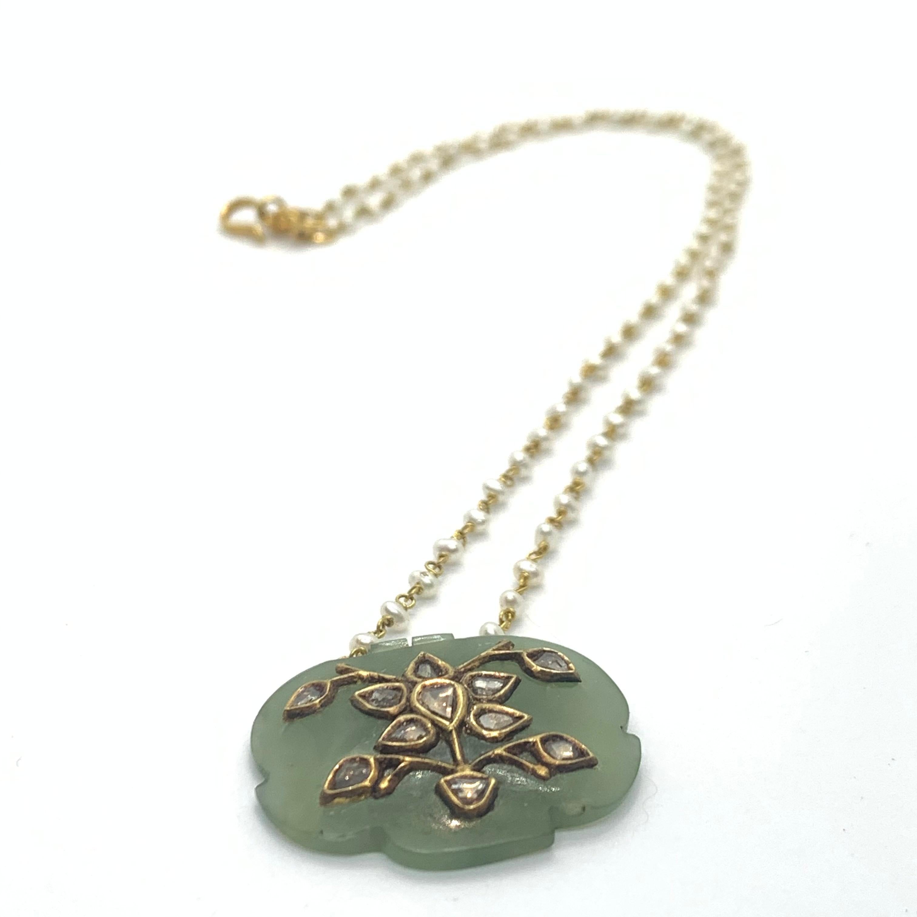 Jade Pendant Studded with Diamonds Strung in a Chain with Pearls and 18K Gold 2