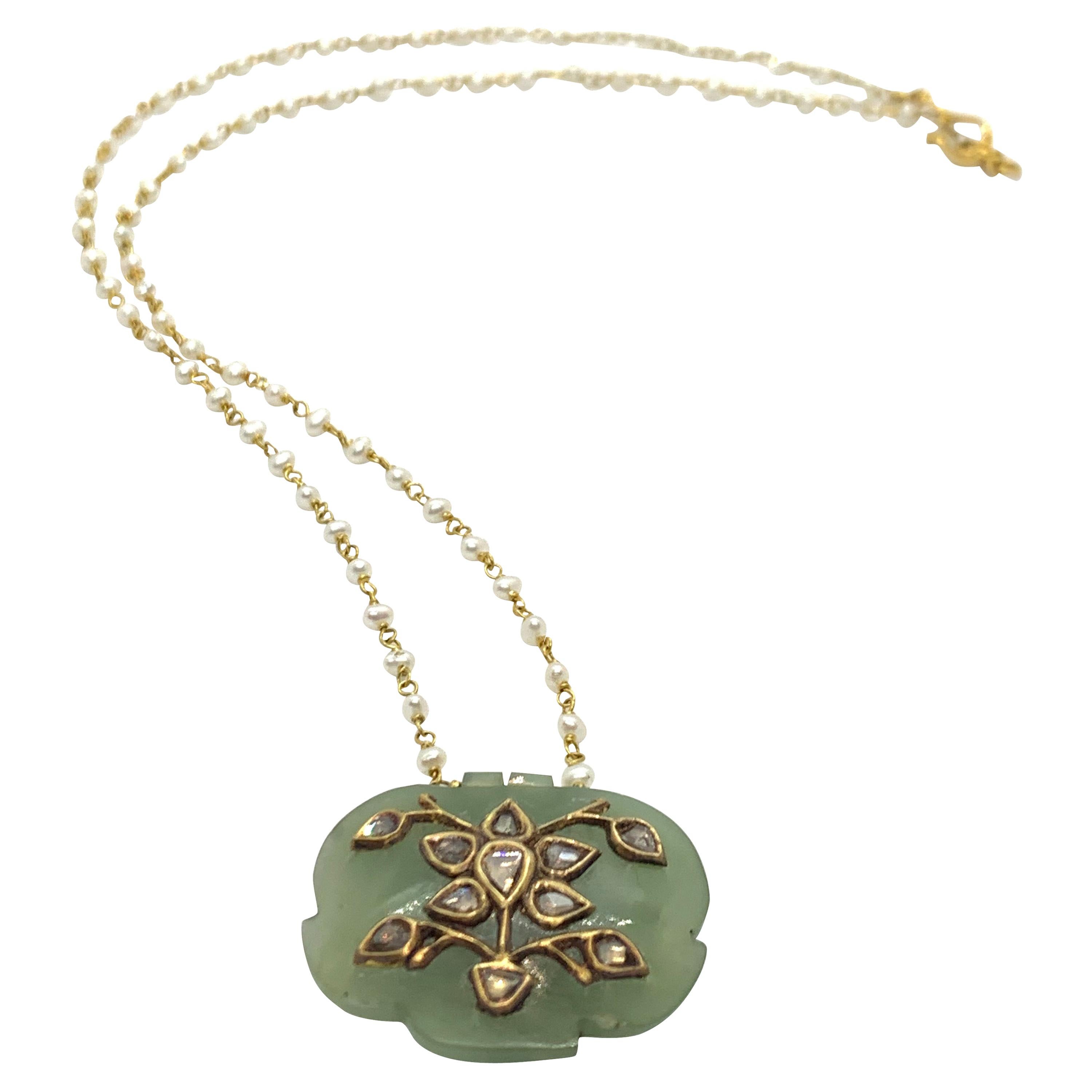 Jade Pendant Studded with Diamonds Strung in a Chain with Pearls and 18K Gold