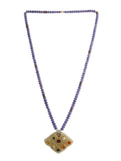 Jade Pendant Studded with Nine Lucky Gems Strung in a Tanzanite Beads Necklace