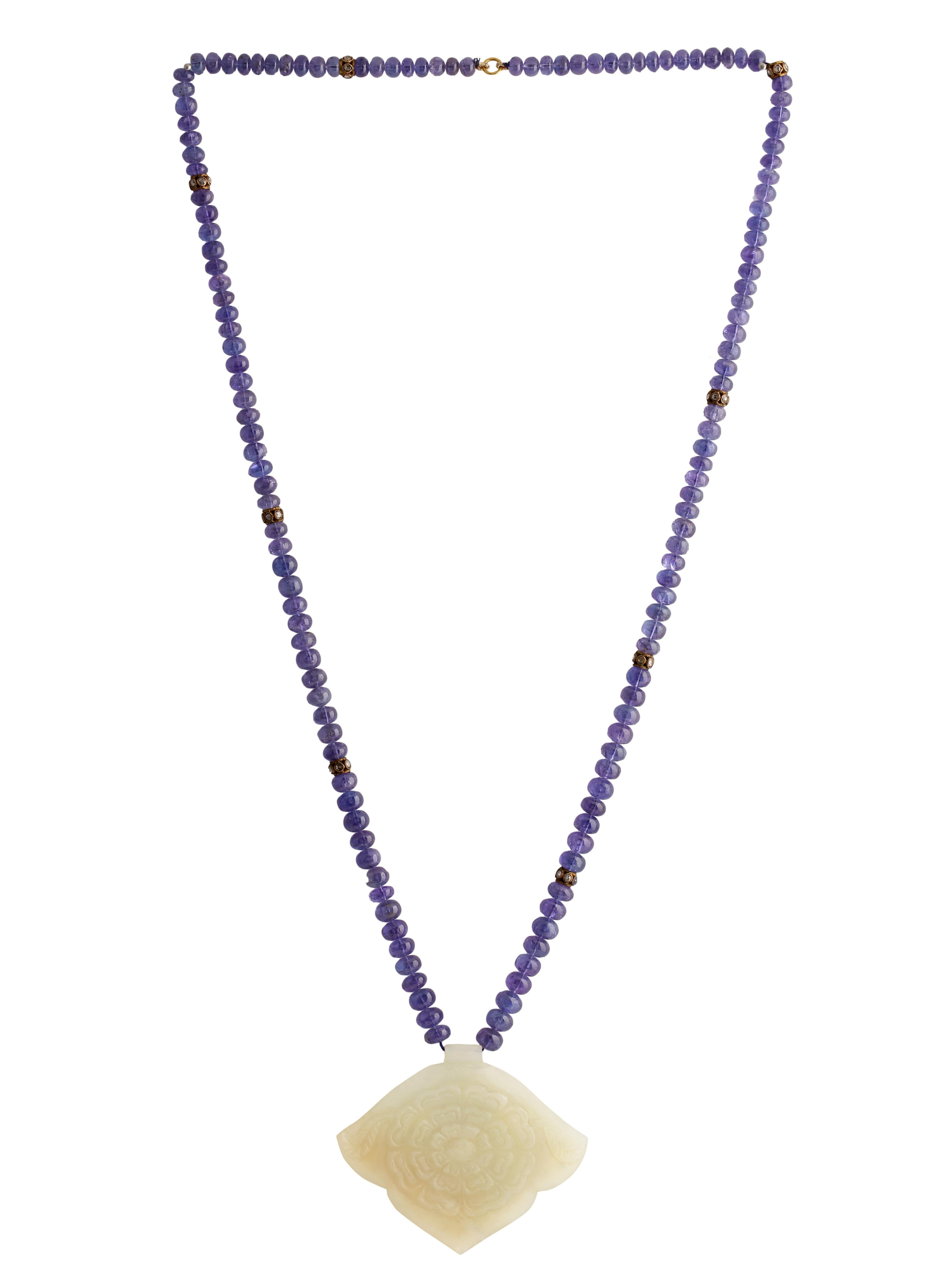 Art Deco Jade Pendant Studded with Nine Lucky Gems Strung in a Tanzanite Beads Necklace For Sale
