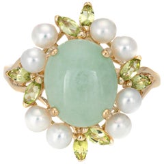 Jade Peridot Cultured Pearl Ring Estate 14 Karat Gold Cocktail Jewelry Vintage