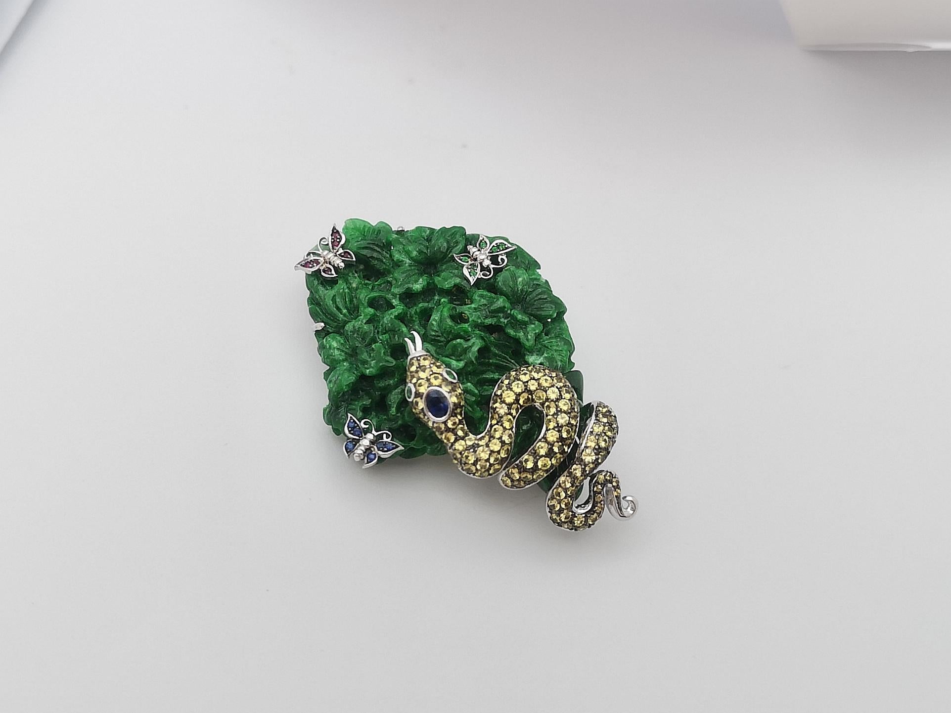 Jade, Pink Sapphire, Yellow Sapphire Pendant/ Brooch Set in 18 Karat White Gold For Sale 5