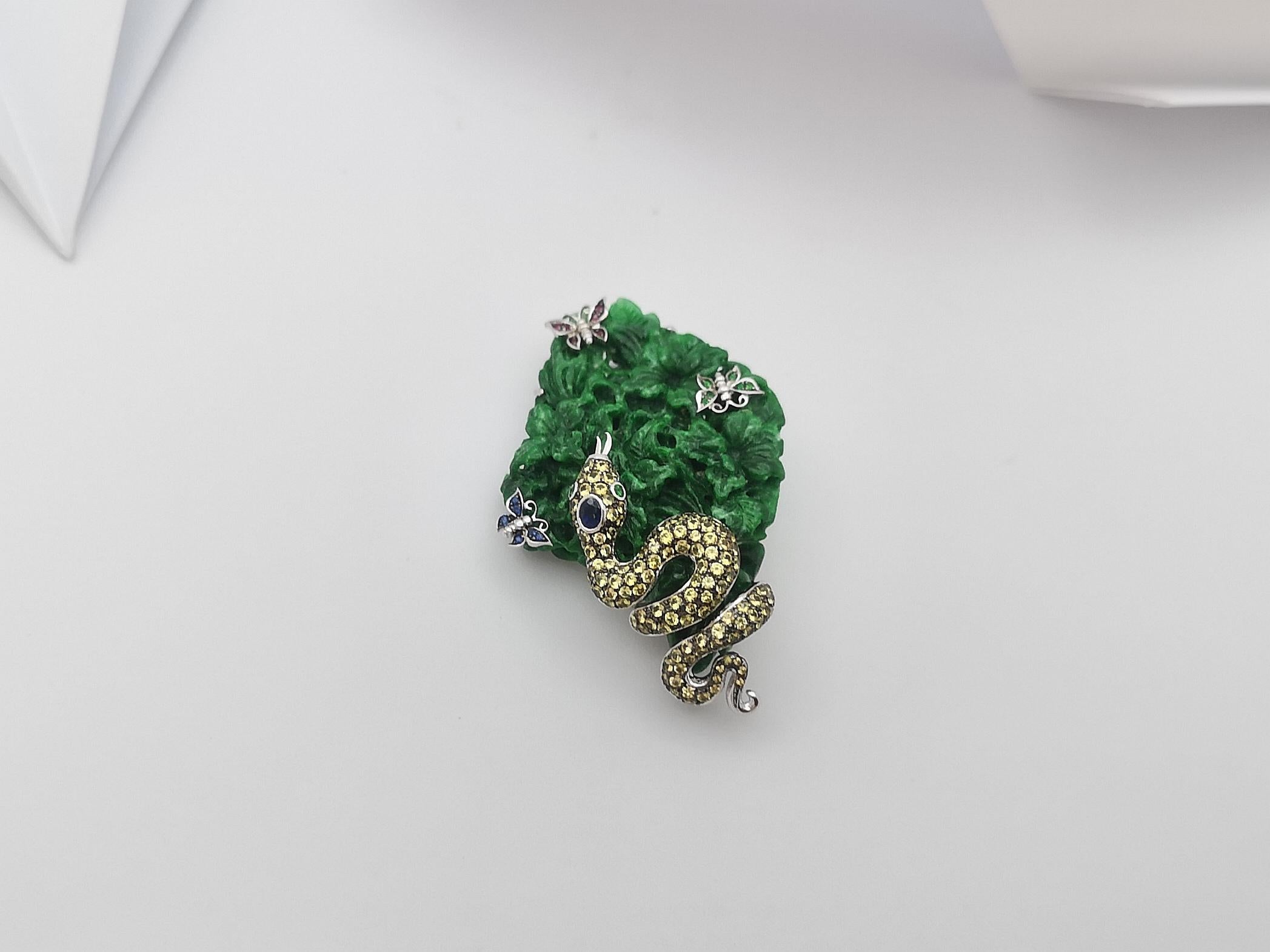 Jade, Pink Sapphire, Yellow Sapphire Pendant/ Brooch Set in 18 Karat White Gold For Sale 6