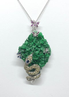 Jade, Pink Sapphire, Yellow Sapphire Pendant/ Brooch Set in 18 Karat White Gold