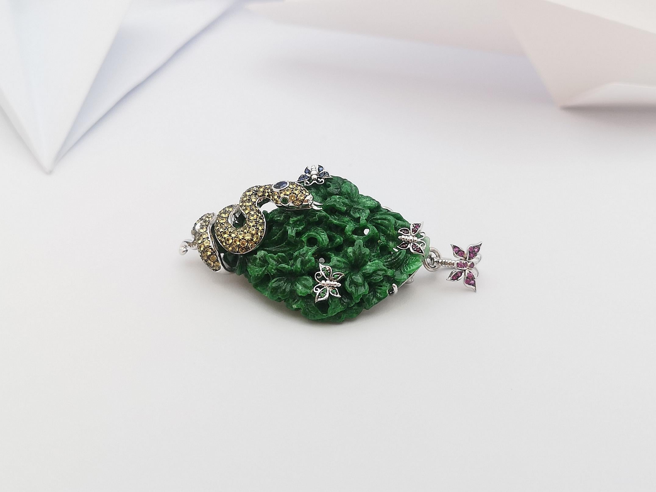 Jade, Pink Sapphire, Yellow Sapphire Pendant/ Brooch Set in 18 Karat White Gold For Sale 2