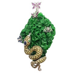 Jade, Pink Sapphire, Yellow Sapphire Pendant/ Brooch Set in 18 Karat White Gold