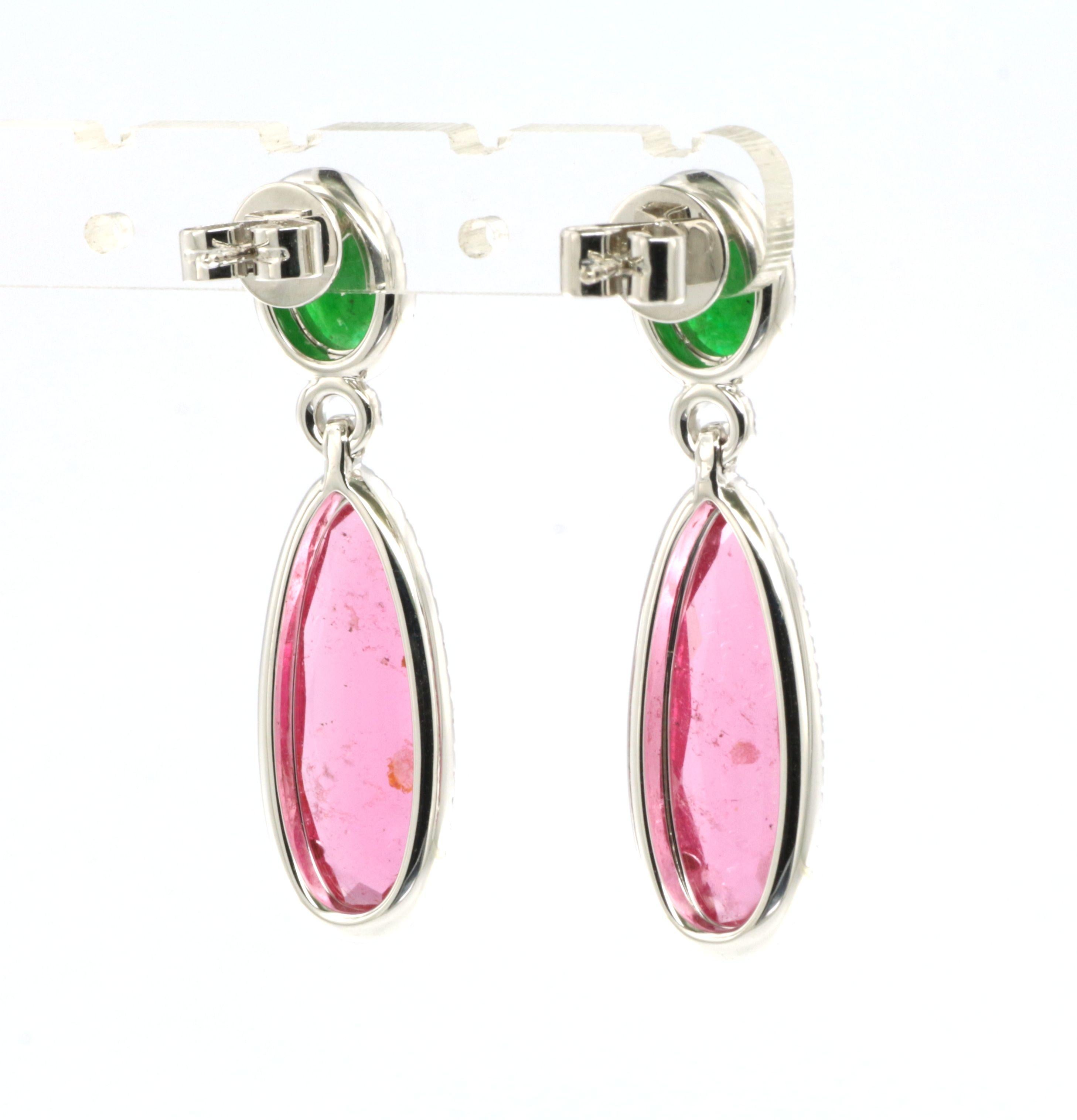 Contemporary Jade Pink Tourmaline Diamond Dangle Earring in 18 Karat White Gold For Sale