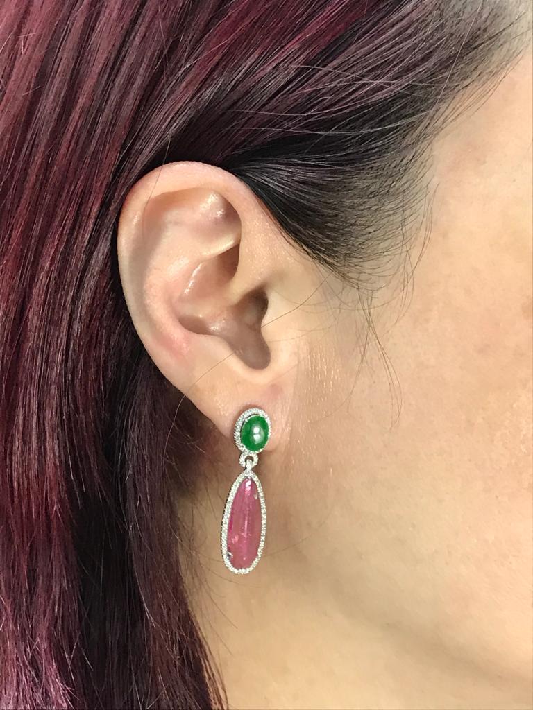 Mixed Cut Jade Pink Tourmaline Diamond Dangle Earring in 18 Karat White Gold For Sale