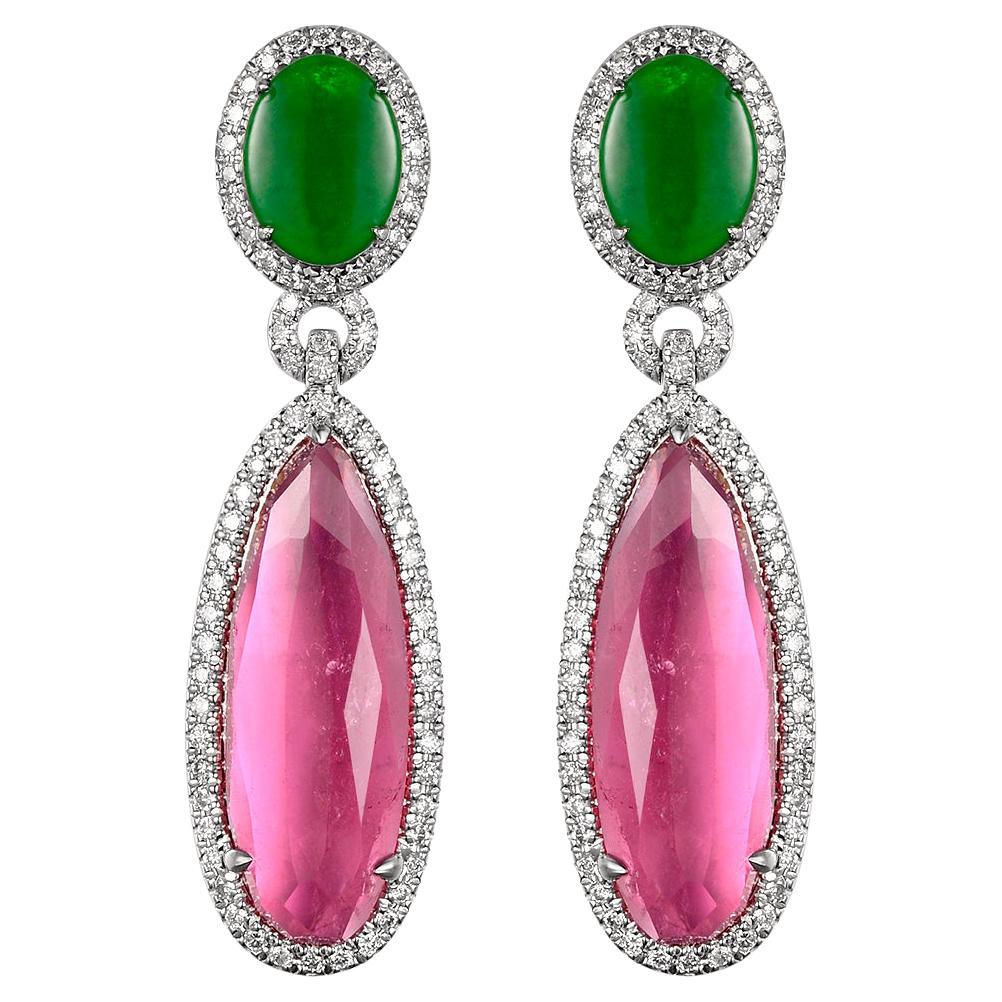 Pendants d'oreilles en or blanc 18 carats avec jade, tourmaline rose et diamant