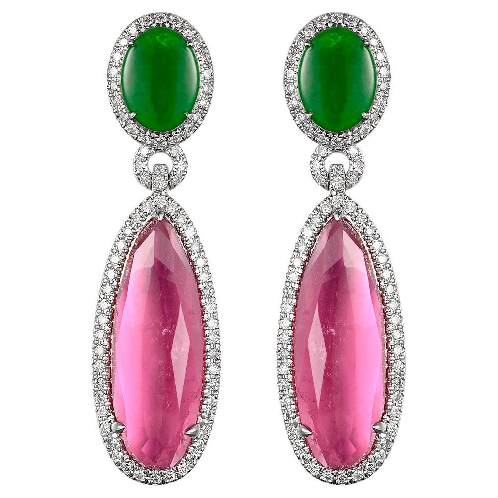 Pendientes Colgantes de Turmalina Rosa de Jade y Diamante en Oro Blanco de 18 Kilates