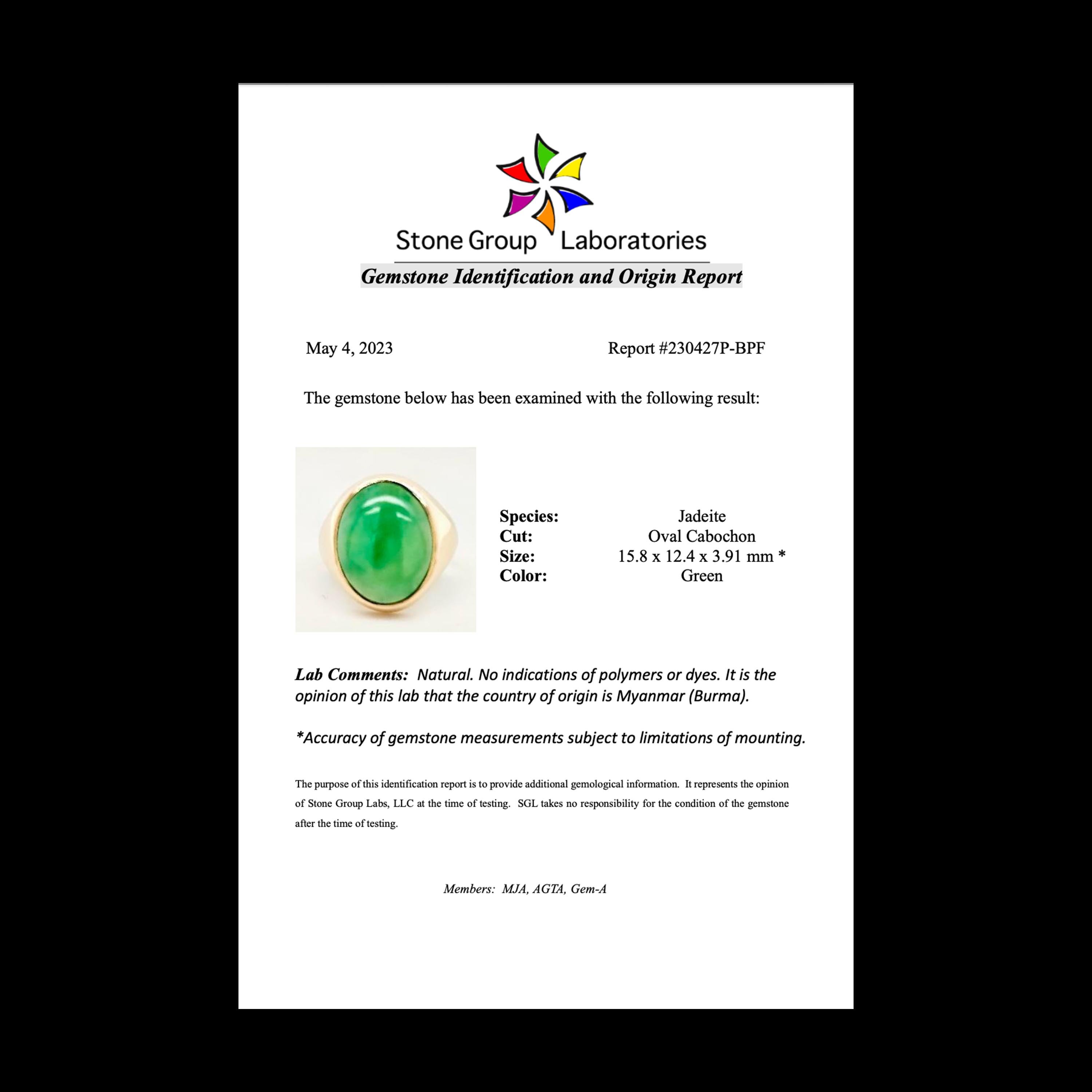 Women's or Men's Jade Ring Apple Green Midcentury Certified Untreated