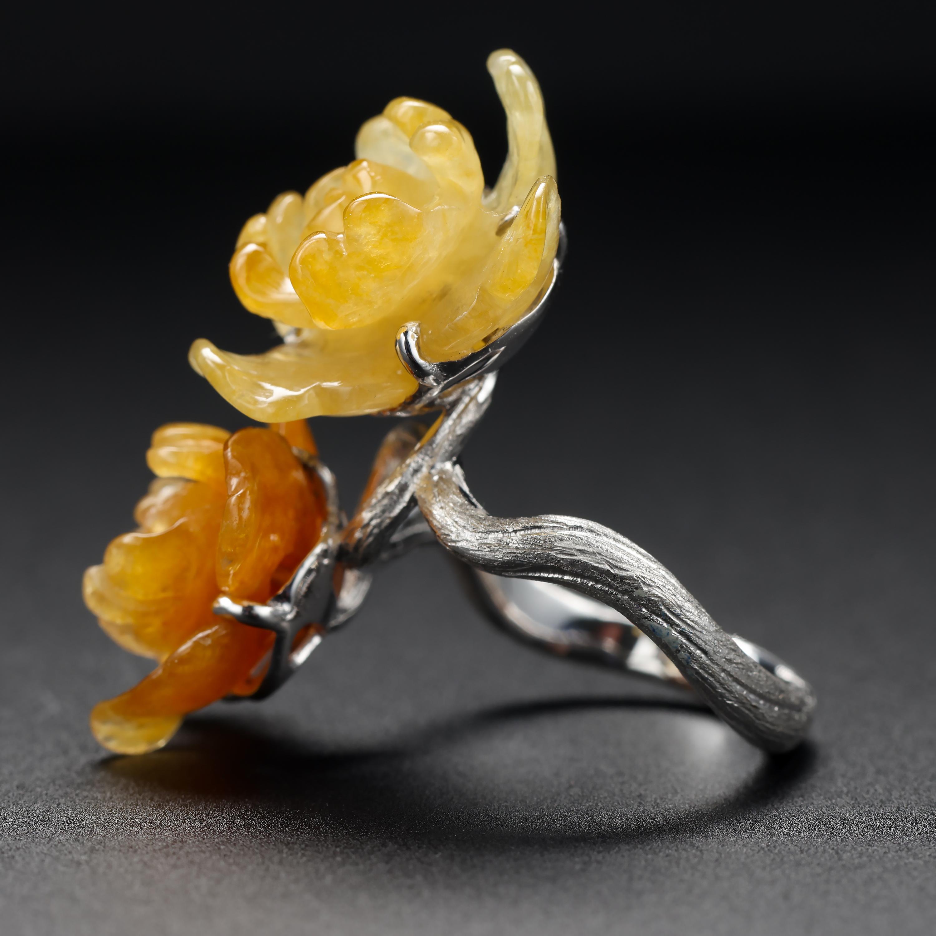 Contemporary Jade Ring Carved Blossoms Certified Untreated