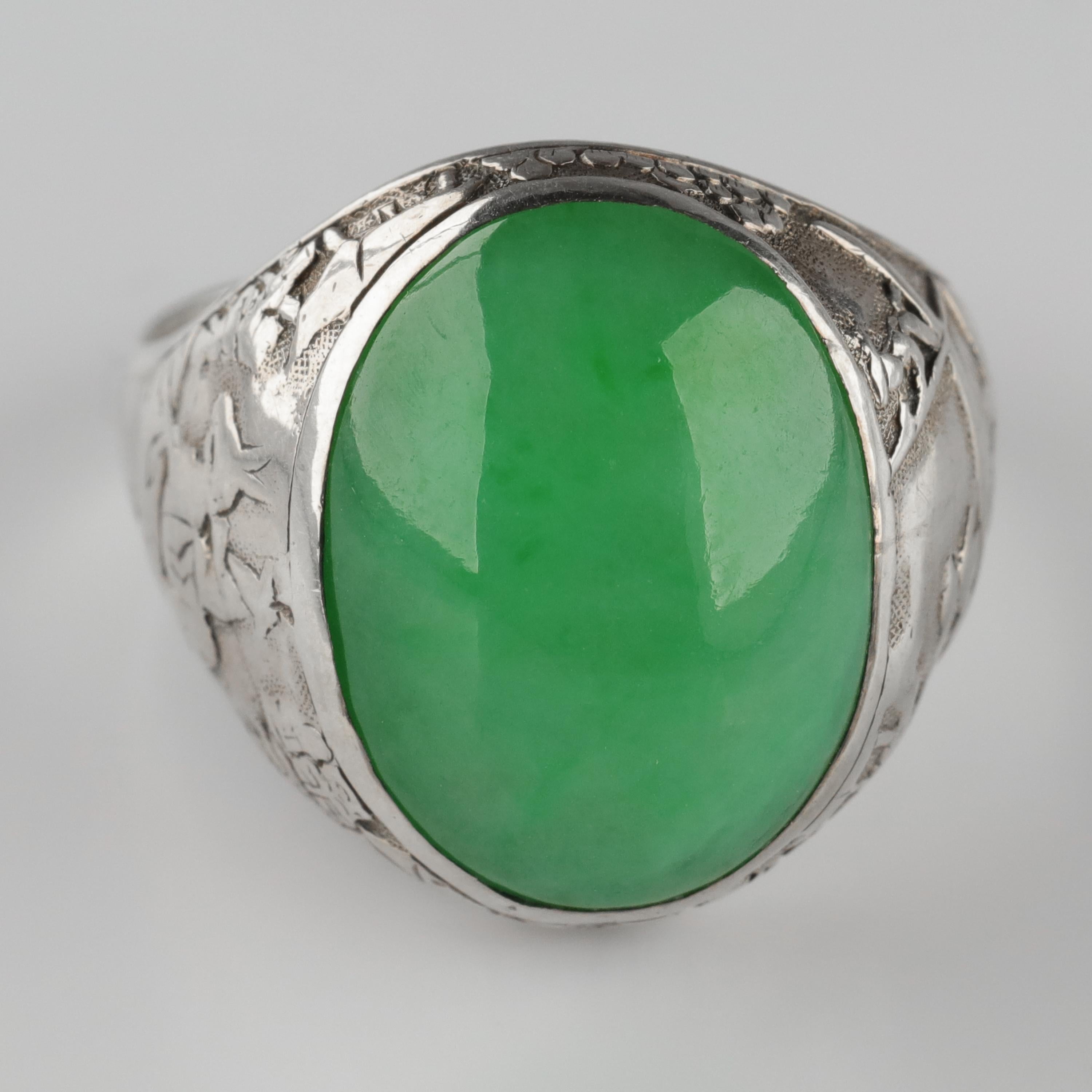 Jade Ring Certified Untreated Hand Carved Vignette Setting, circa 1910 6