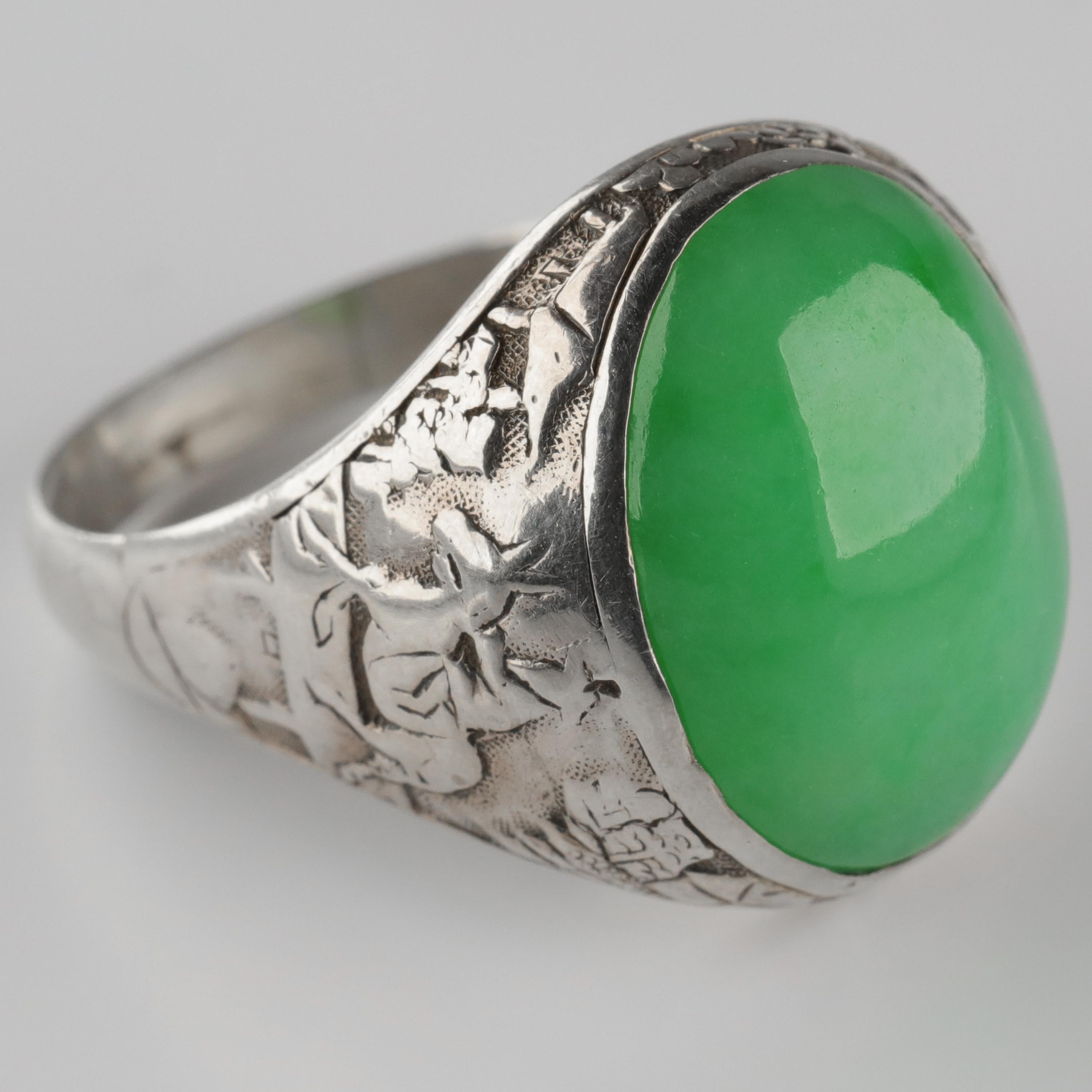 Jade Ring Certified Untreated Hand Carved Vignette Setting, circa 1910 7