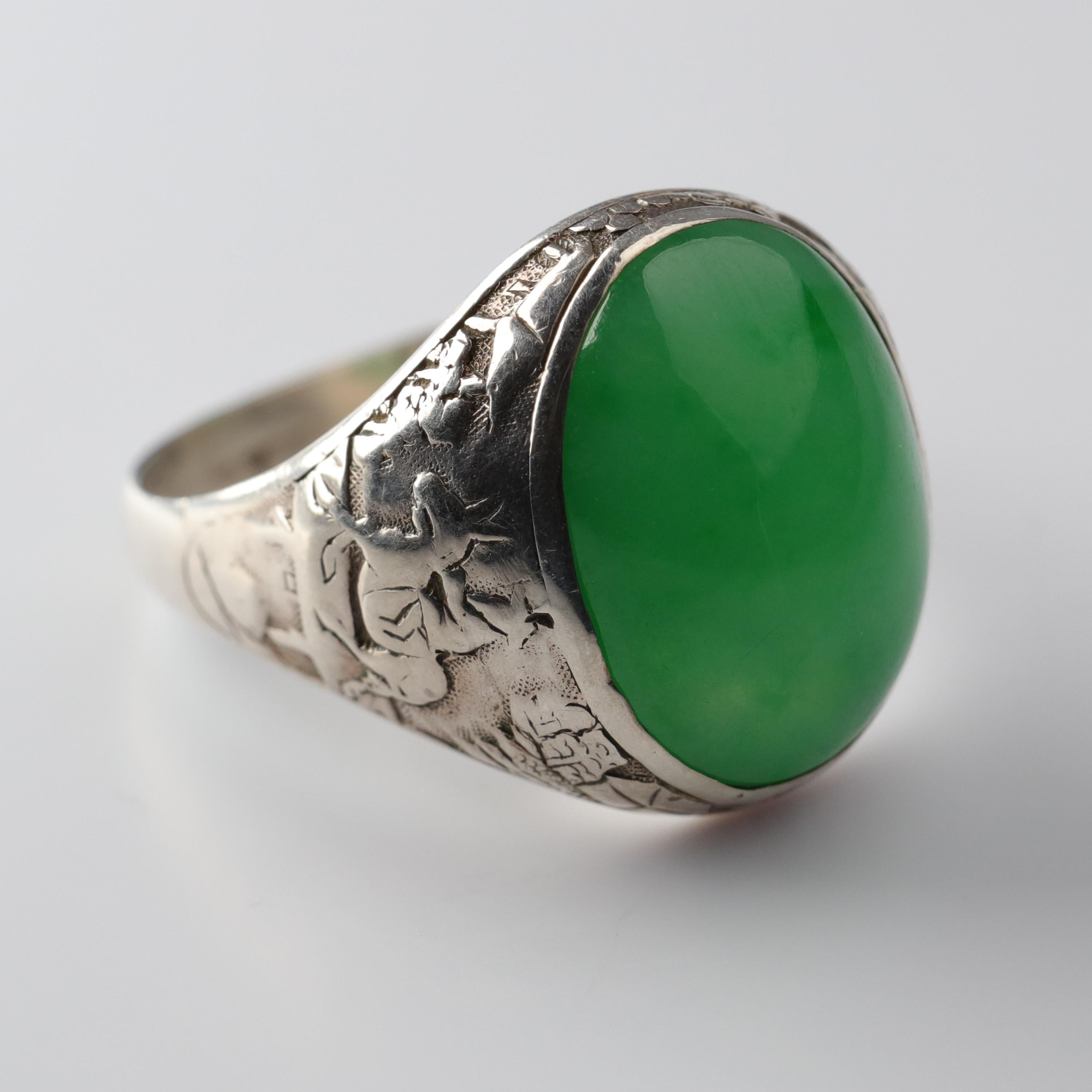 Jade Ring Certified Untreated Hand Carved Vignette Setting, circa 1910 8