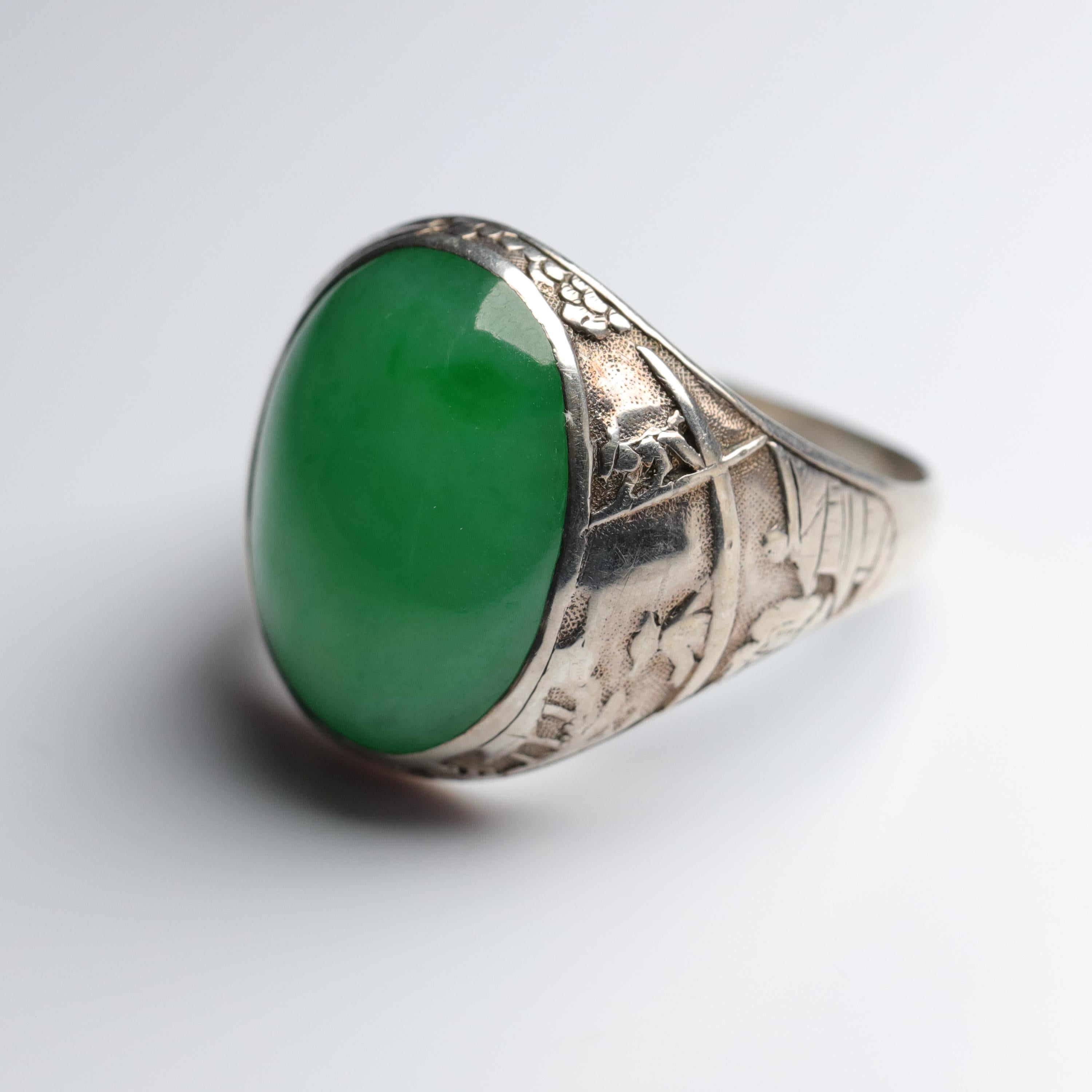 Jade Ring Certified Untreated Hand Carved Vignette Setting, circa 1910 9