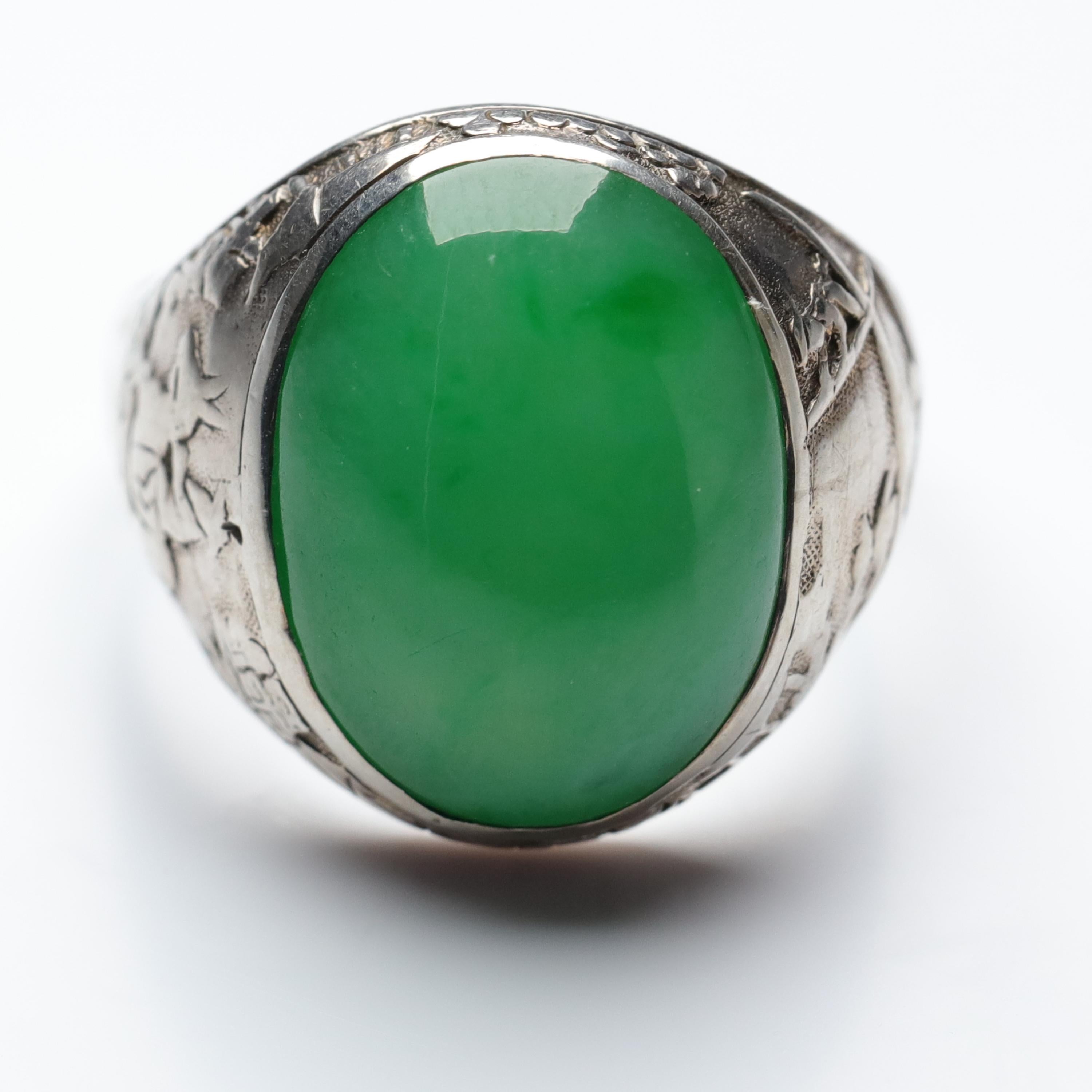 Jade Ring Certified Untreated Hand Carved Vignette Setting, circa 1910 10