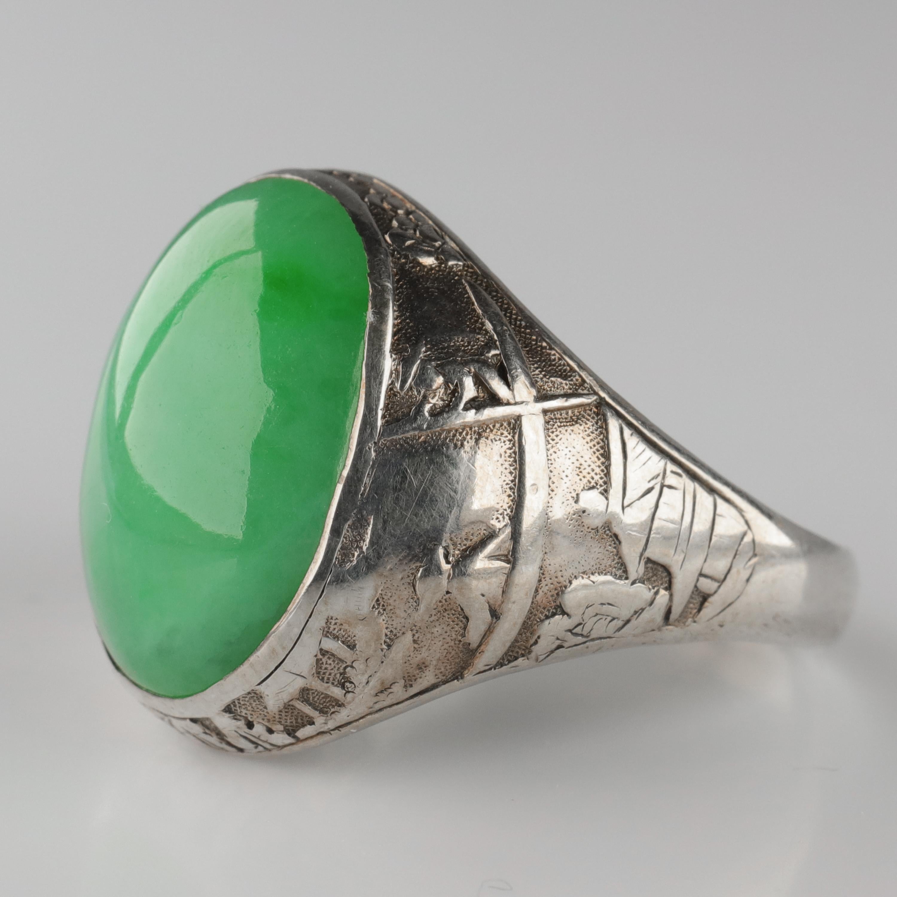 Art Deco Jade Ring Certified Untreated Hand Carved Vignette Setting, circa 1910