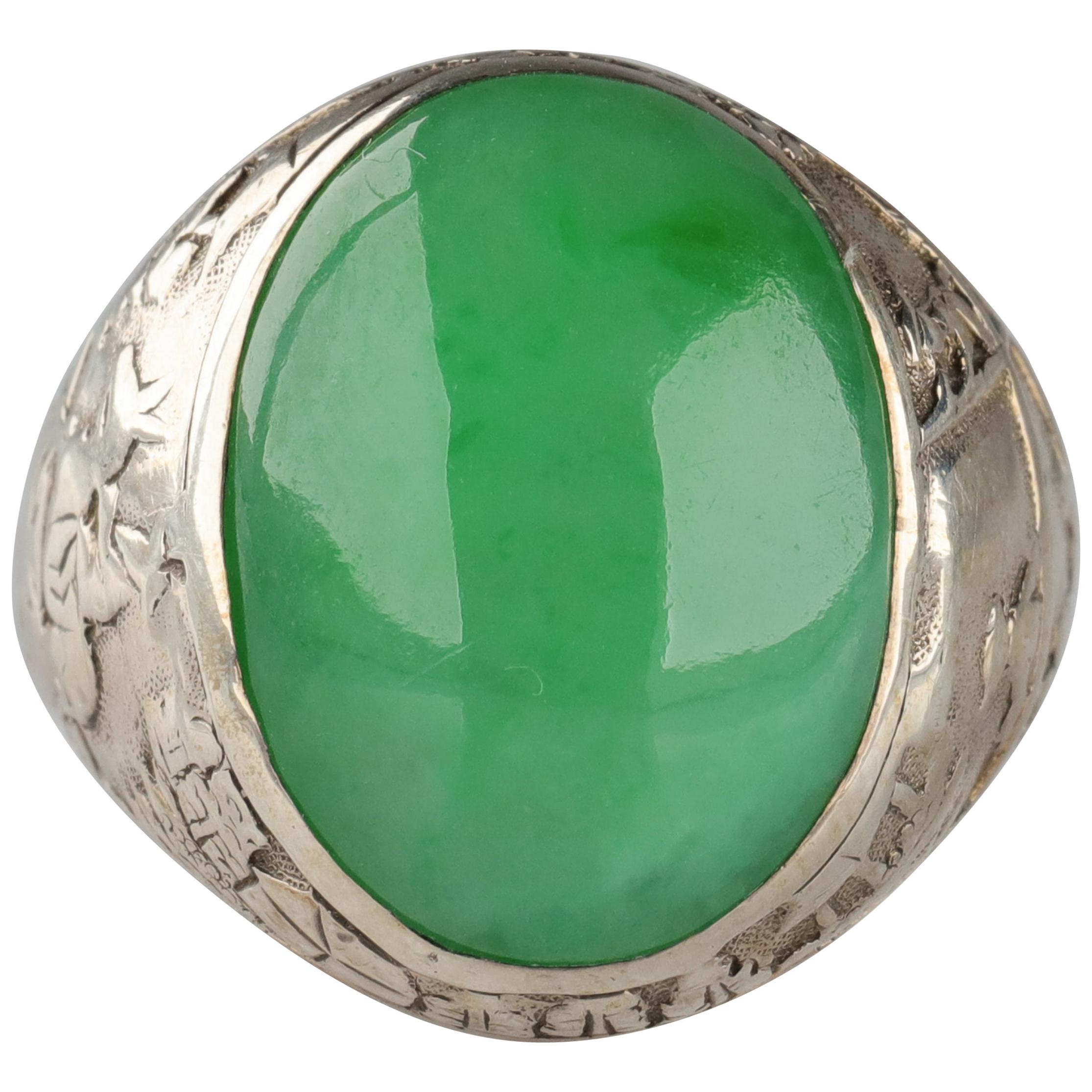 Jade Ring Certified Untreated Hand Carved Vignette Setting, circa 1910