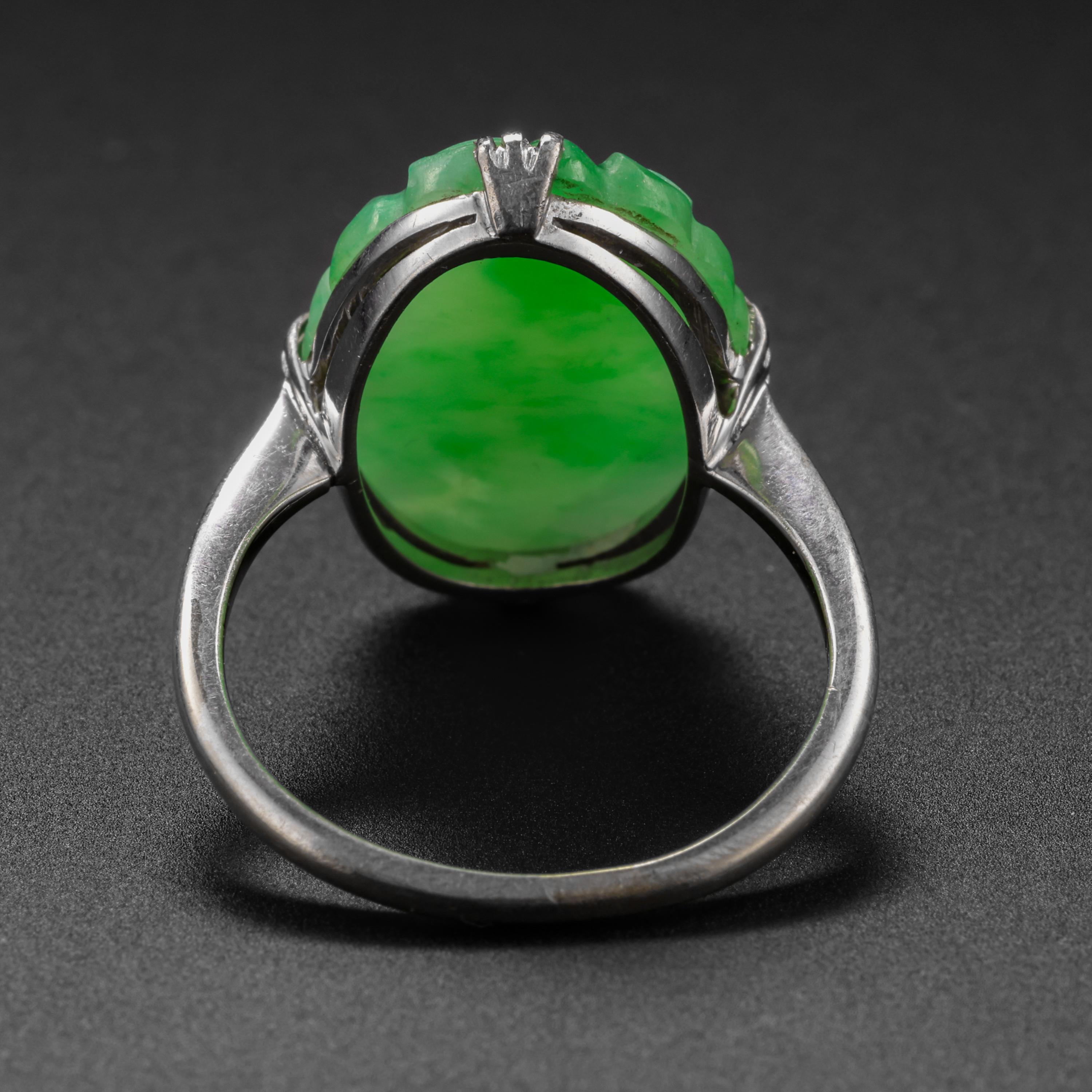 Oval Cut Jade Ring Certified Untreated Spectacular Apple Green Art Deco Treasure