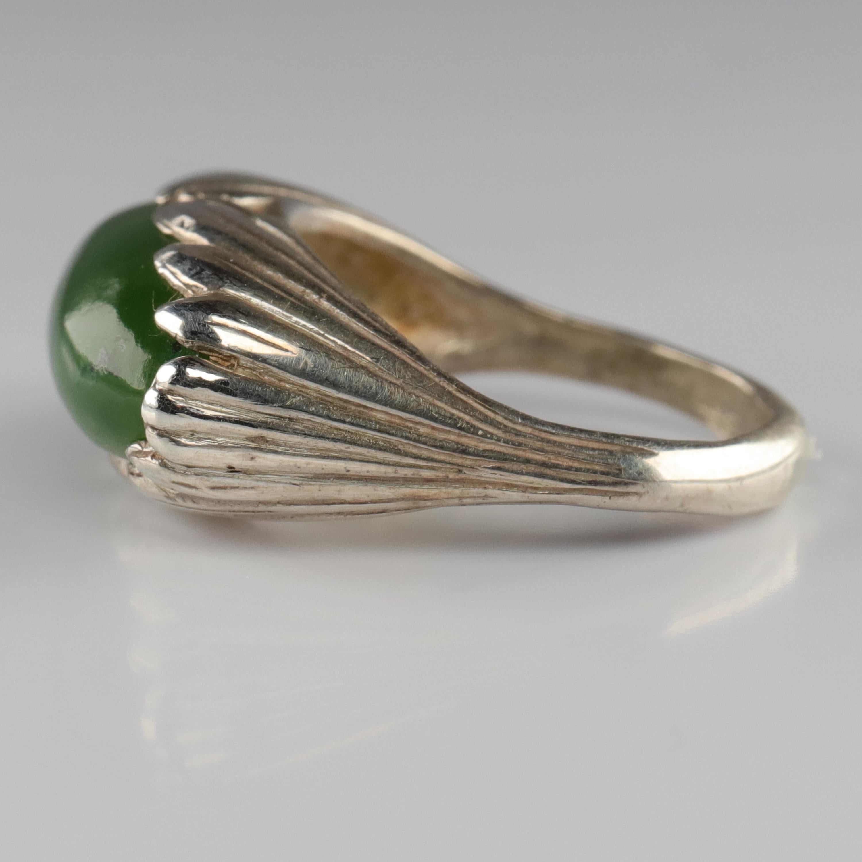 Cabochon Fine Nephrite Jade Ring in Silver Contemporary Unworn For Sale