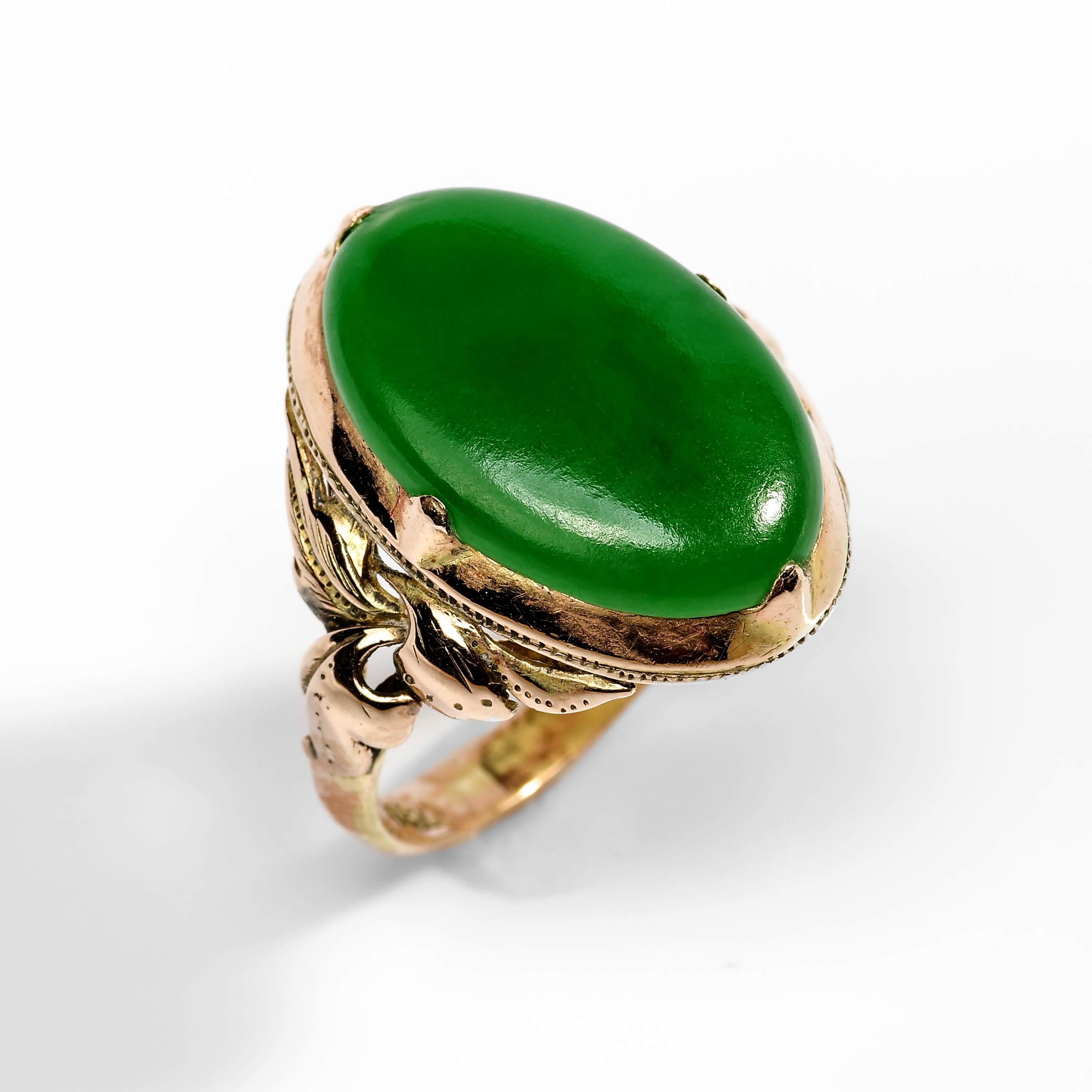 Jade Ring Emerald Green Art Nouveau Certified Untreated In Excellent Condition In Southbury, CT