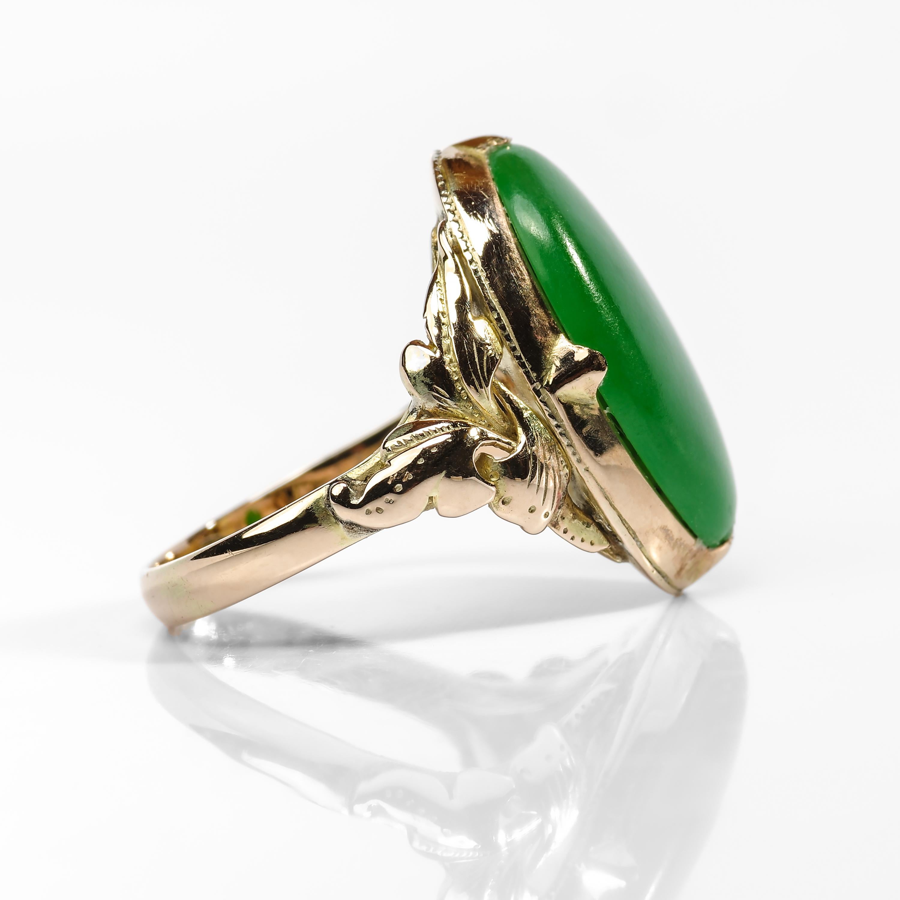 Women's or Men's Jade Ring Emerald Green Art Nouveau Certified Untreated