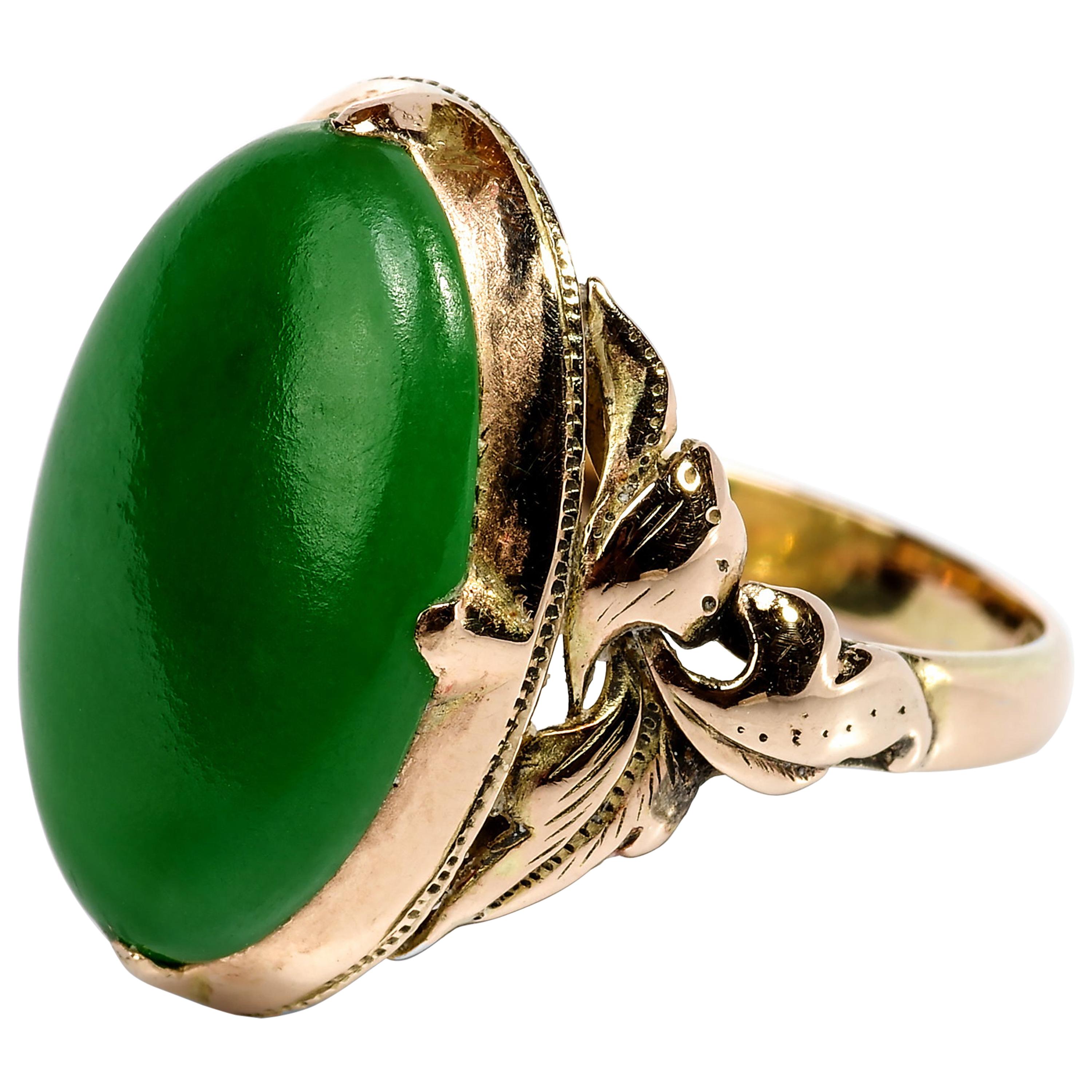 Jade Ring Emerald Green Art Nouveau Certified Untreated