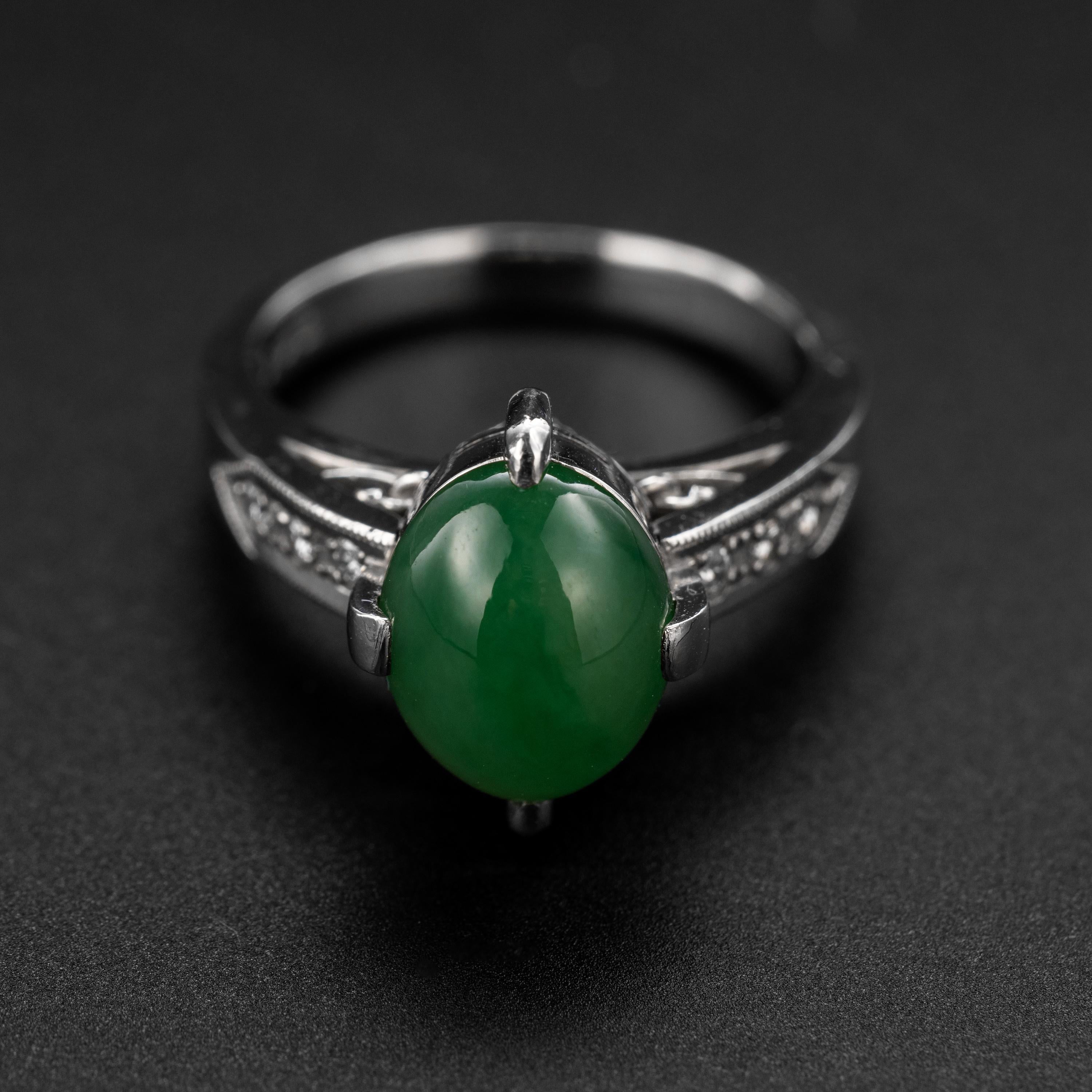 Art Deco Jade Ring & Diamond Ring in Platinum GIA Certified Untreated Midcentury For Sale