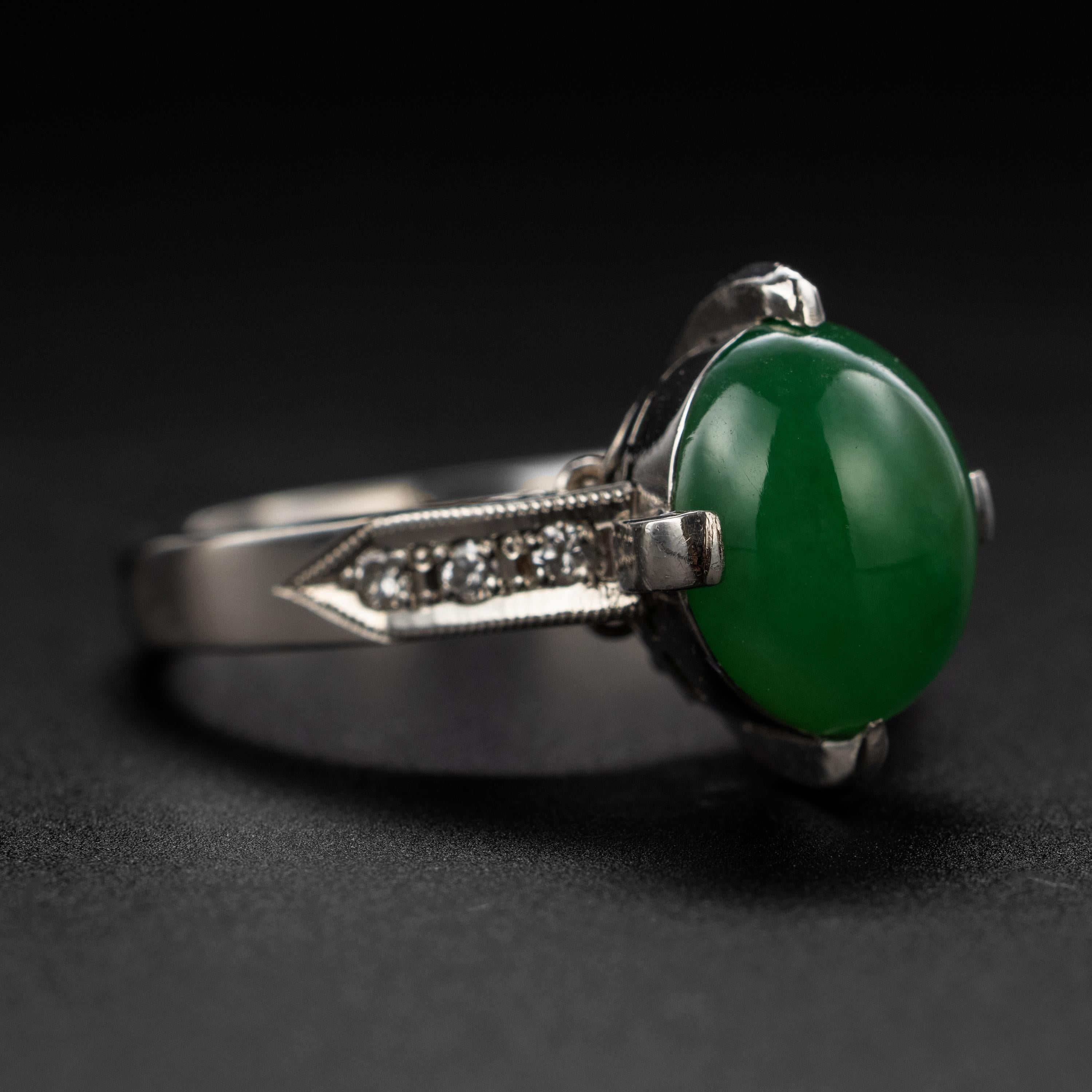 Cabochon Jade Ring & Diamond Ring in Platinum GIA Certified Untreated Midcentury For Sale