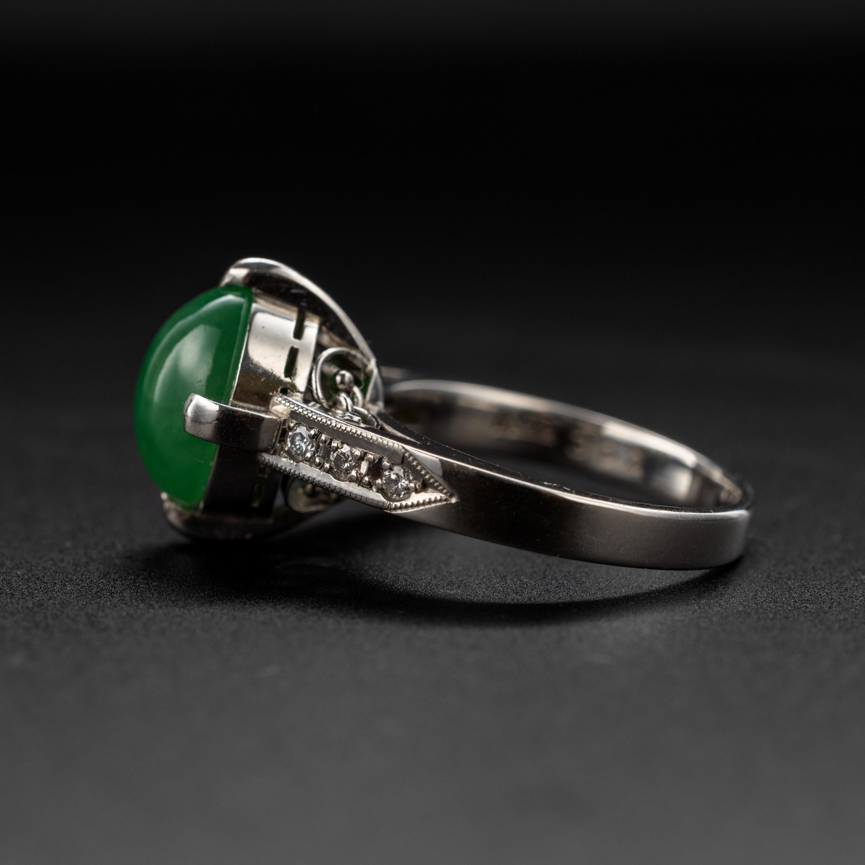 Jade Ring & Diamond Ring in Platinum GIA Certified Untreated Midcentury In Excellent Condition For Sale In Southbury, CT