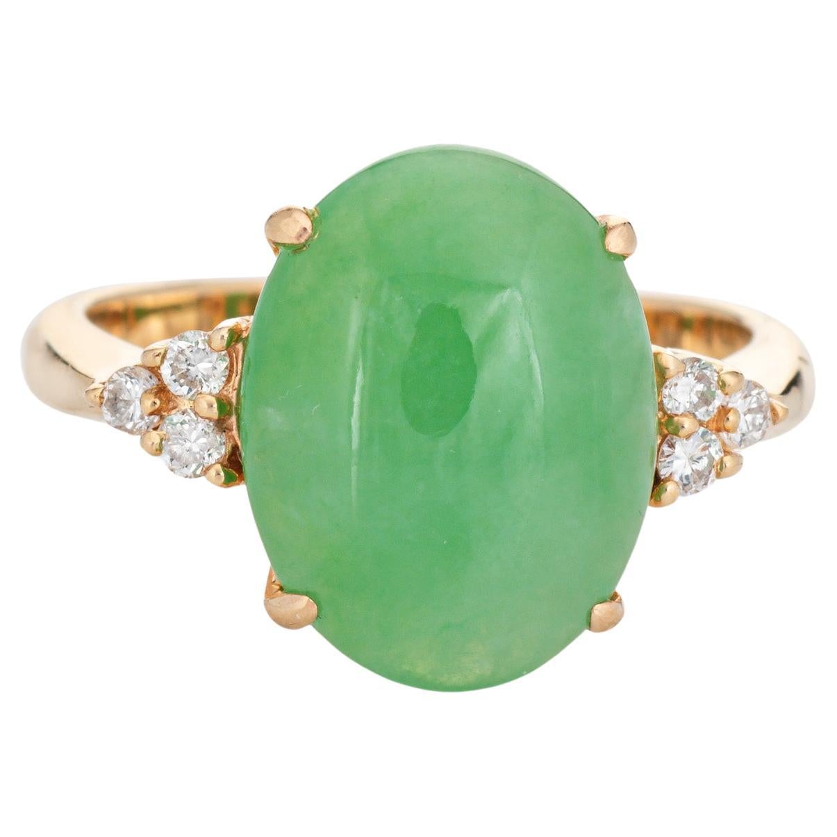 Jade Ring Vintage 14k Yellow Gold Jadeite Mid Century Cocktail Fine Jewelry 6.75 For Sale