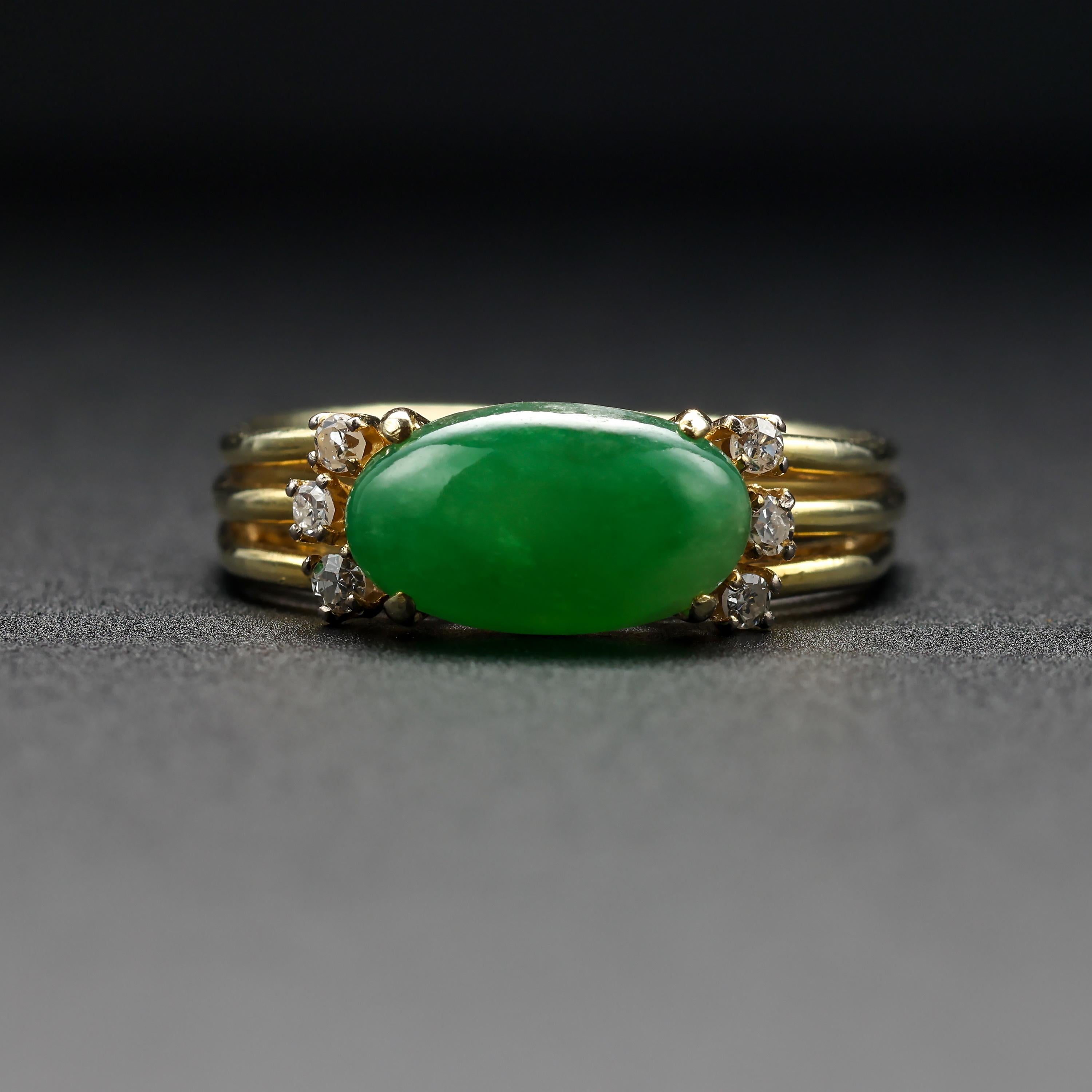 Cabochon Jade Ring with Diamonds Certified Untreated, Circa 1950s For Sale