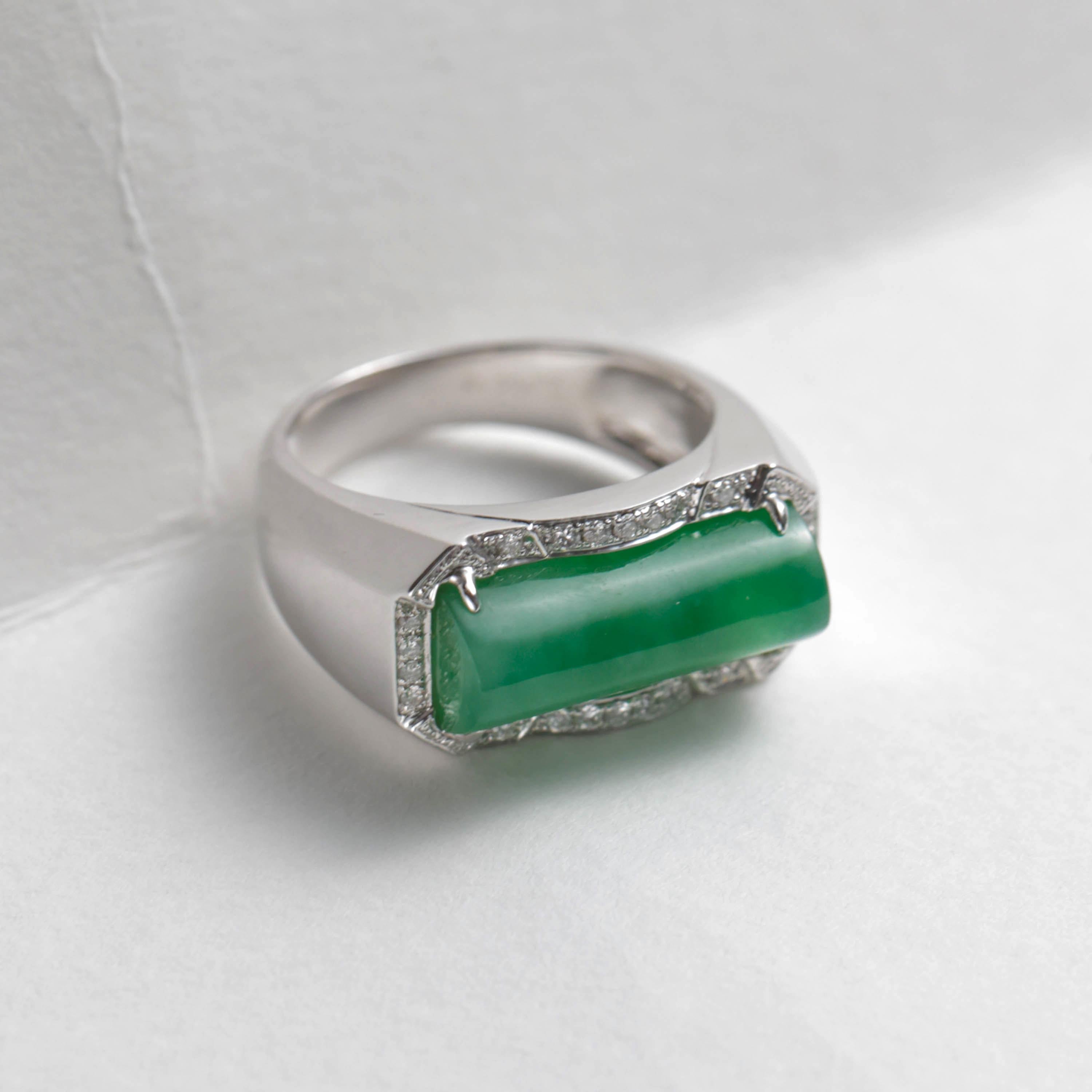 Contemporary Jade Ring with Diamonds Certified Untreated, New & Unworn Size 9.5 For Sale