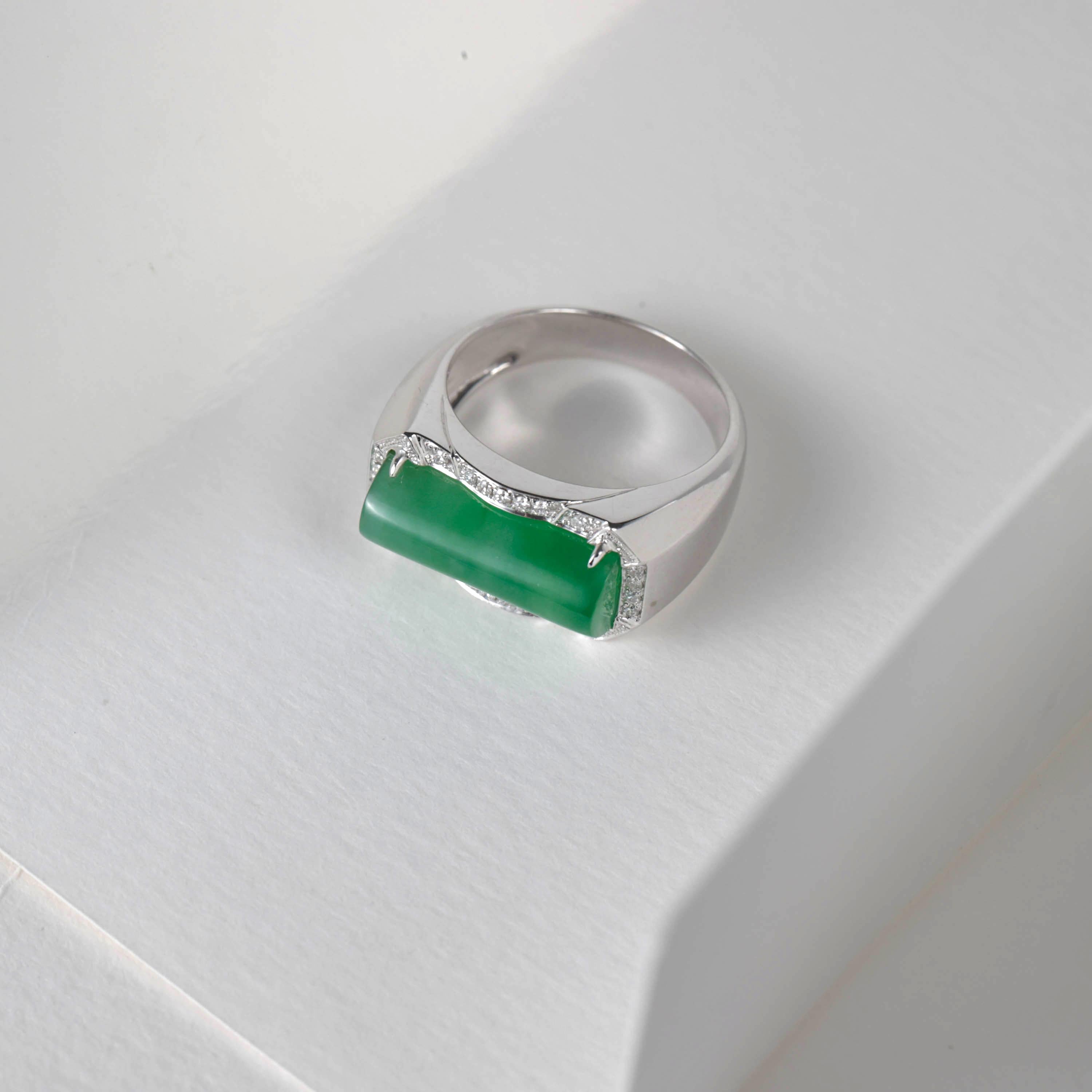 Jade Ring with Diamonds Certified Untreated, New & Unworn Size 9.5 For Sale 2