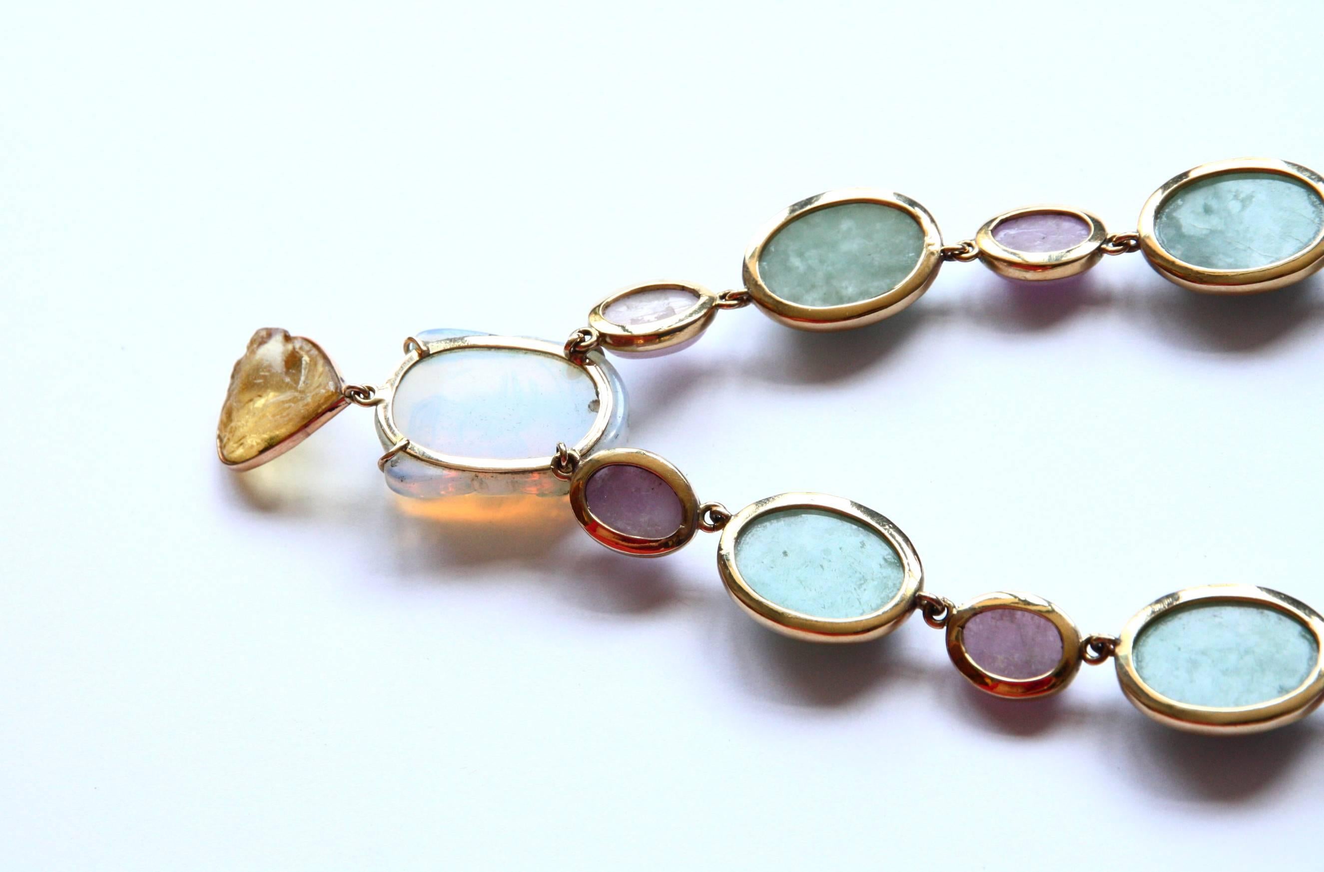 Jade Rose Opal Amber 18 Karat Gold Necklace In New Condition For Sale In Milan, IT