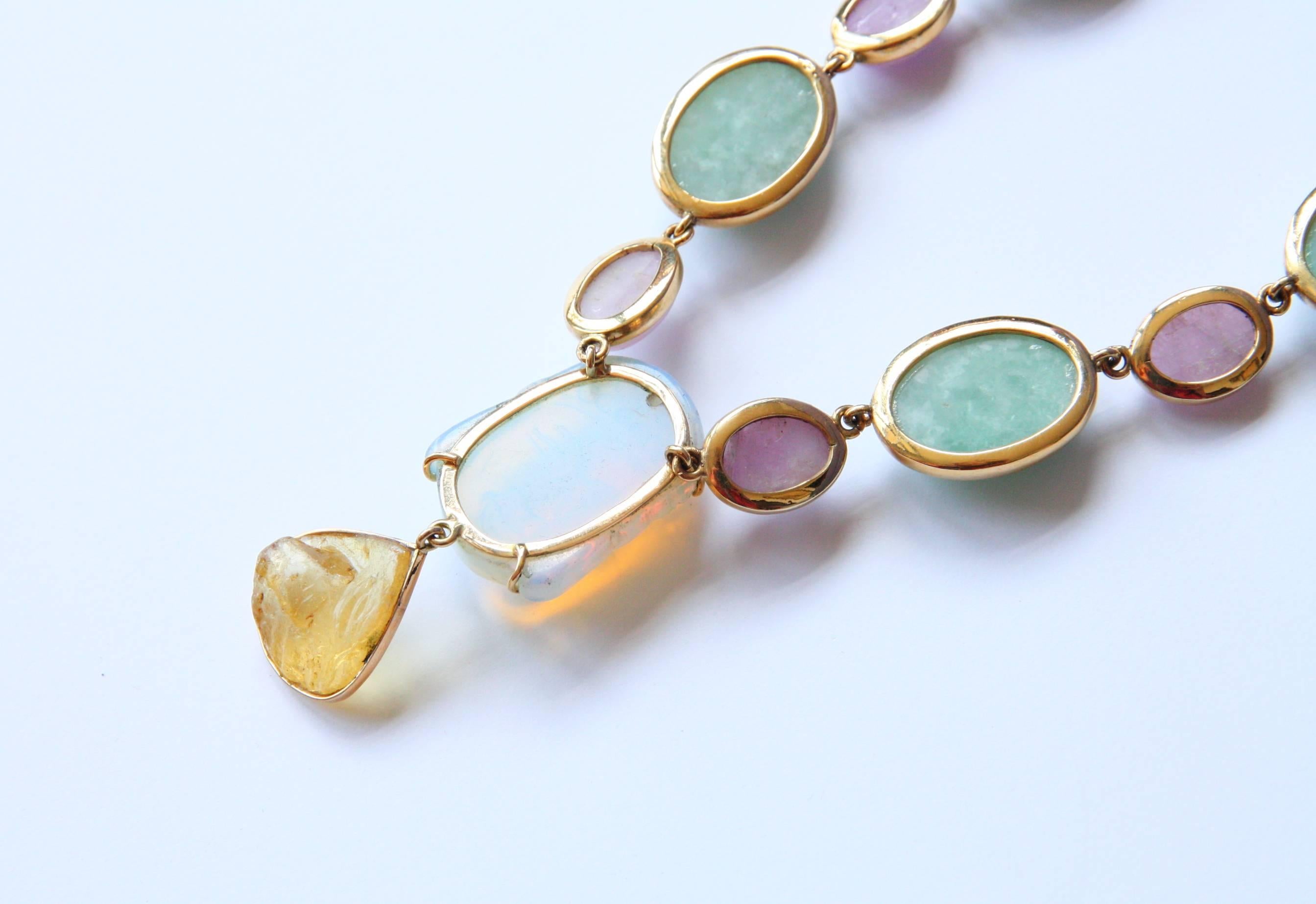 Women's or Men's Jade Rose Opal Amber 18 Karat Gold Necklace For Sale