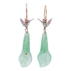 Jade, Rubies, Diamonds, Rose Gold and Silver Retrò Earrings.