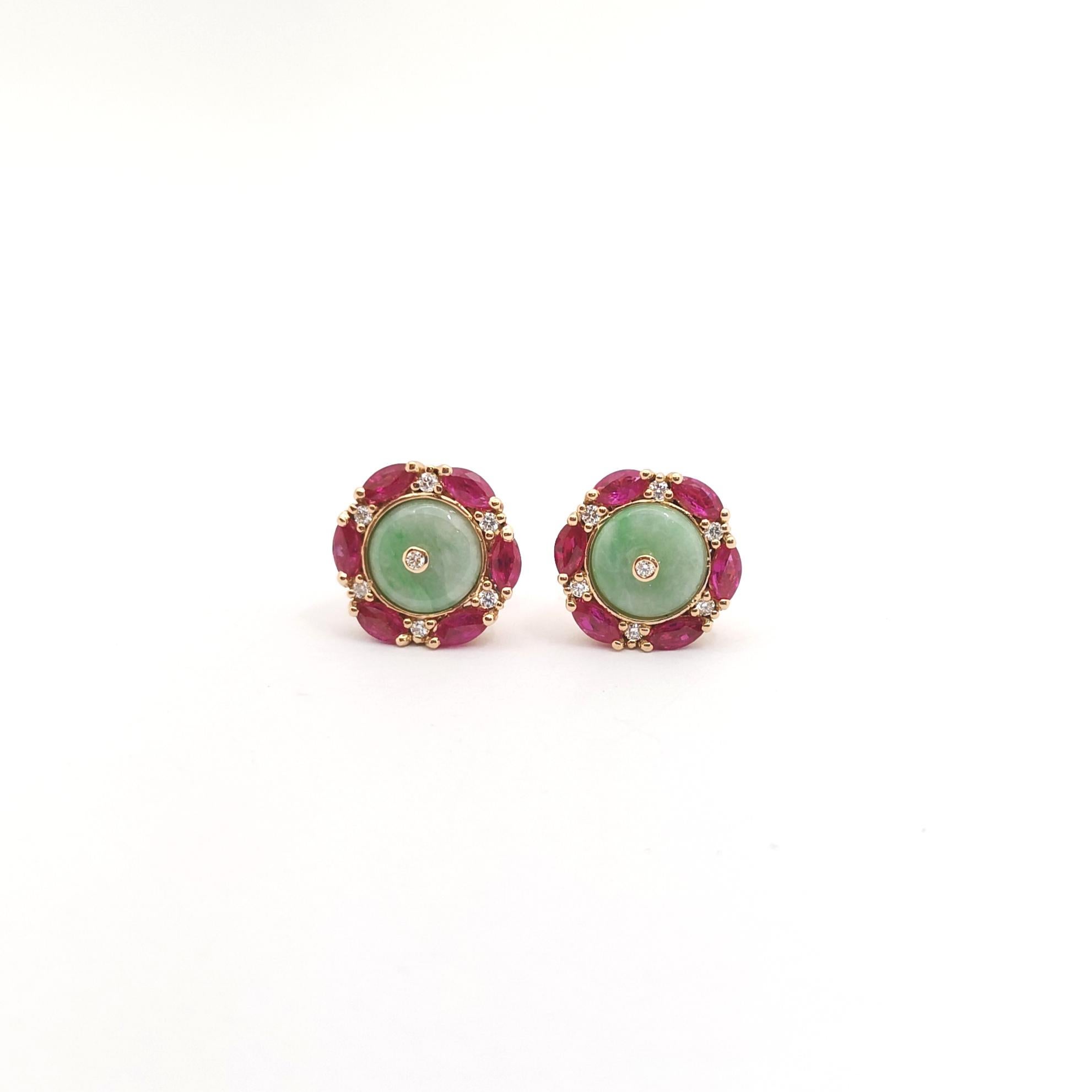 Mixed Cut Jade, Ruby and Diamond Earrings set in 18K Rose Gold Settings For Sale