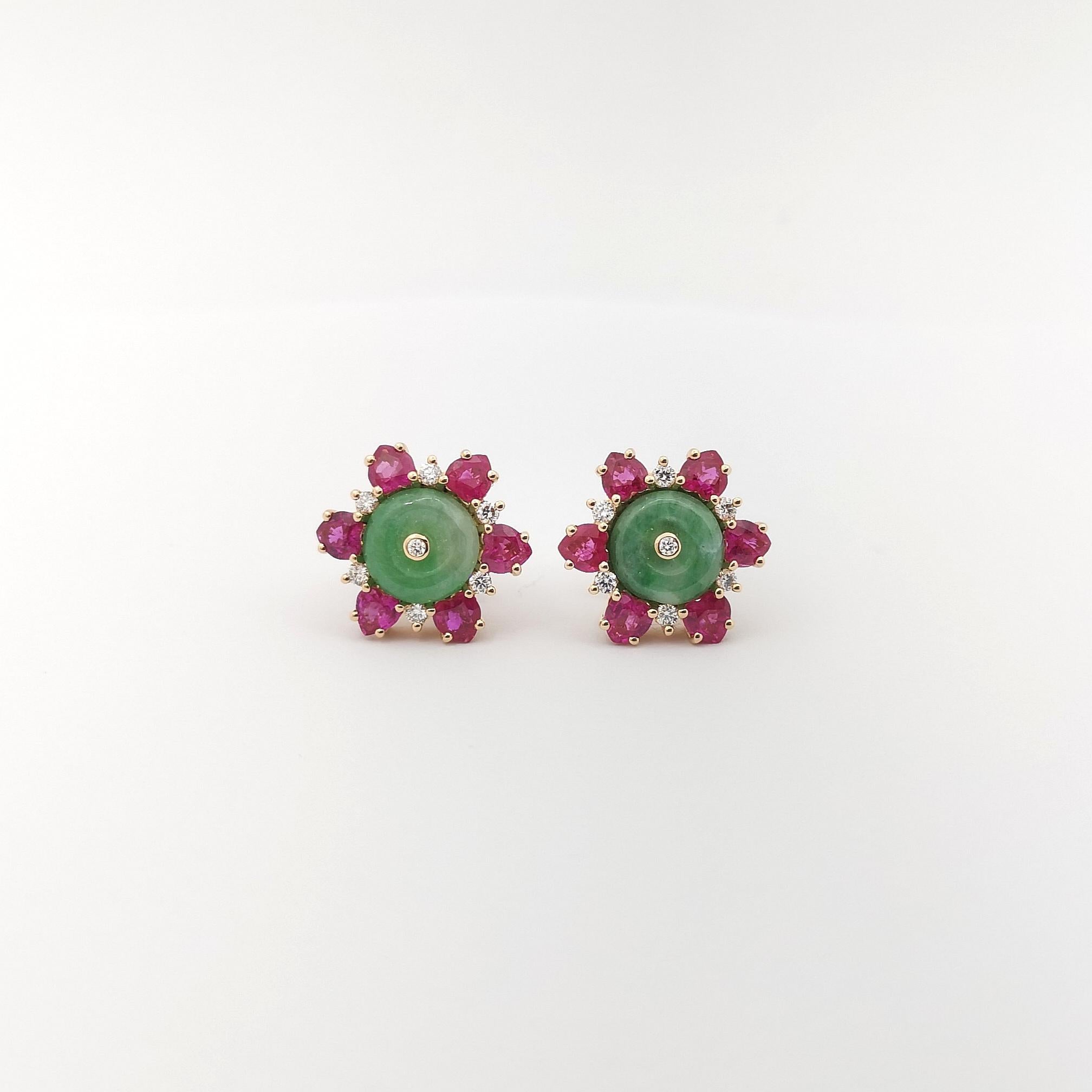 Women's Jade, Ruby and Diamond Earrings set in 18K Rose Gold Settings For Sale
