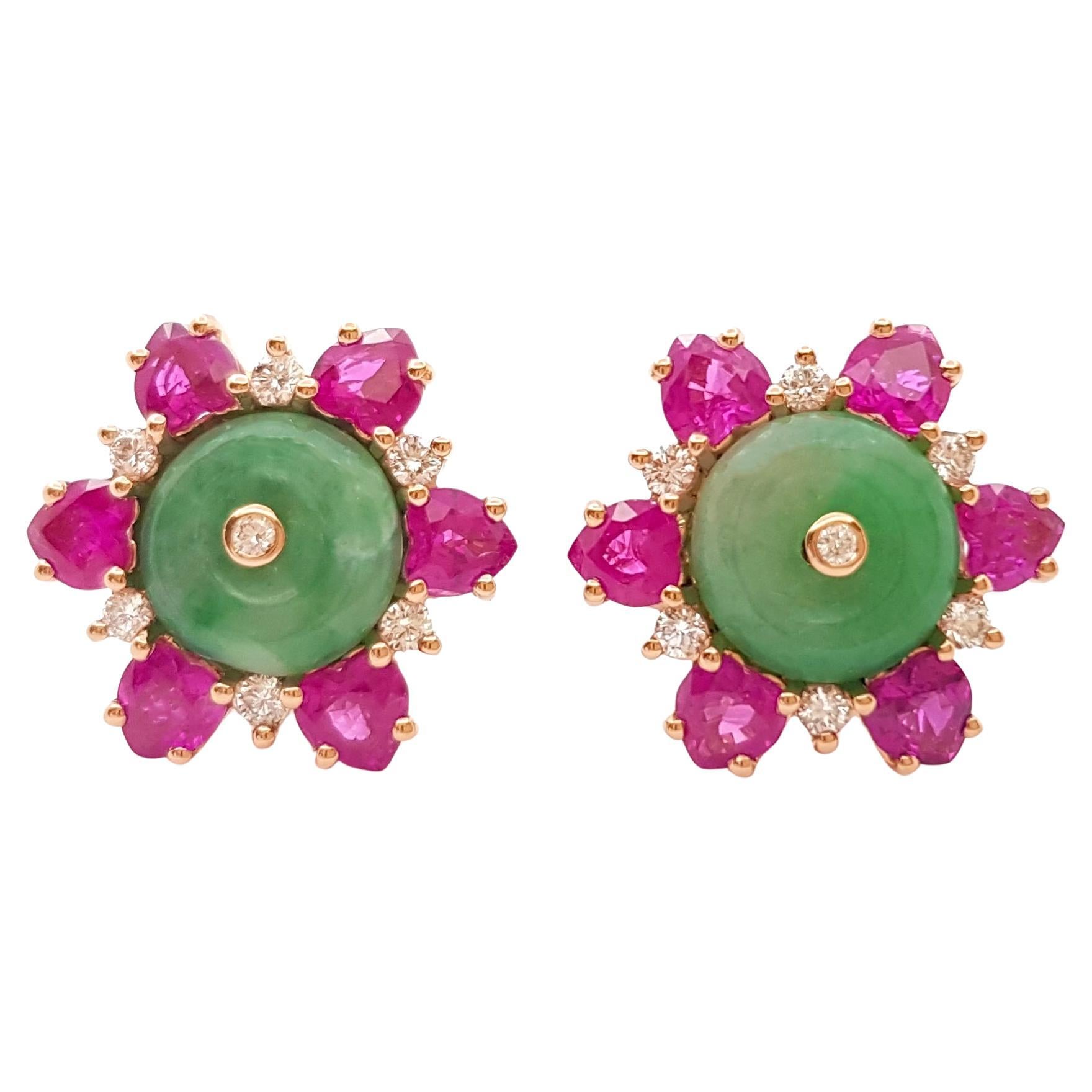 Jade, Ruby and Diamond Earrings set in 18K Rose Gold Settings For Sale