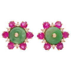 Jade, Ruby and Diamond Earrings set in 18K Rose Gold Settings