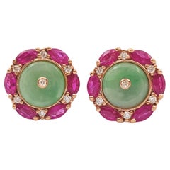 Boucles d'oreilles en jade, rubis et diamants montées sur or rose 18 carats