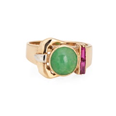 Jade Ruby Buckle Ring Vintage 10k Yellow Gold Sz 9.5 Band Estate Fine Jewelry