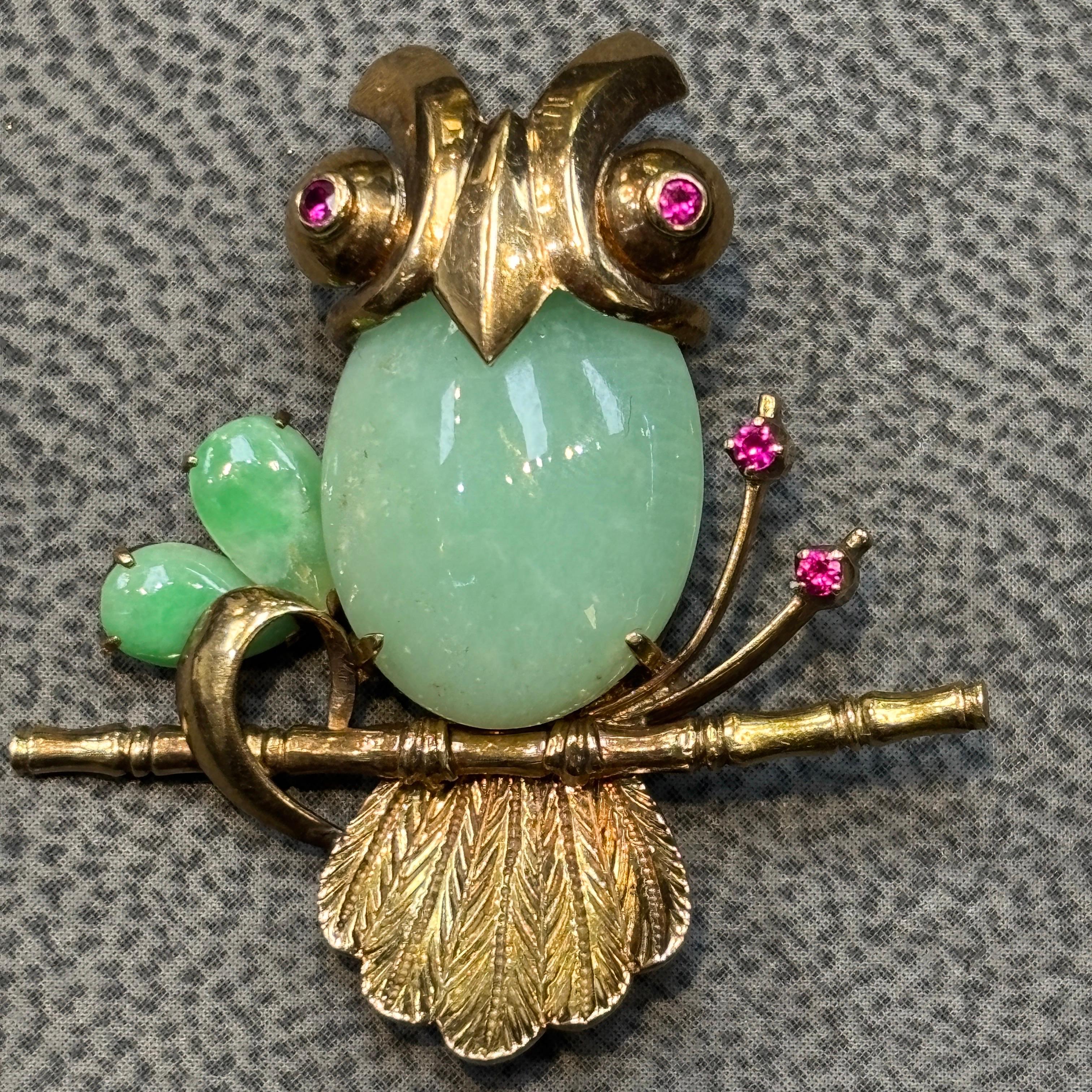 Jade & Ruby Owl Brooch - image 3