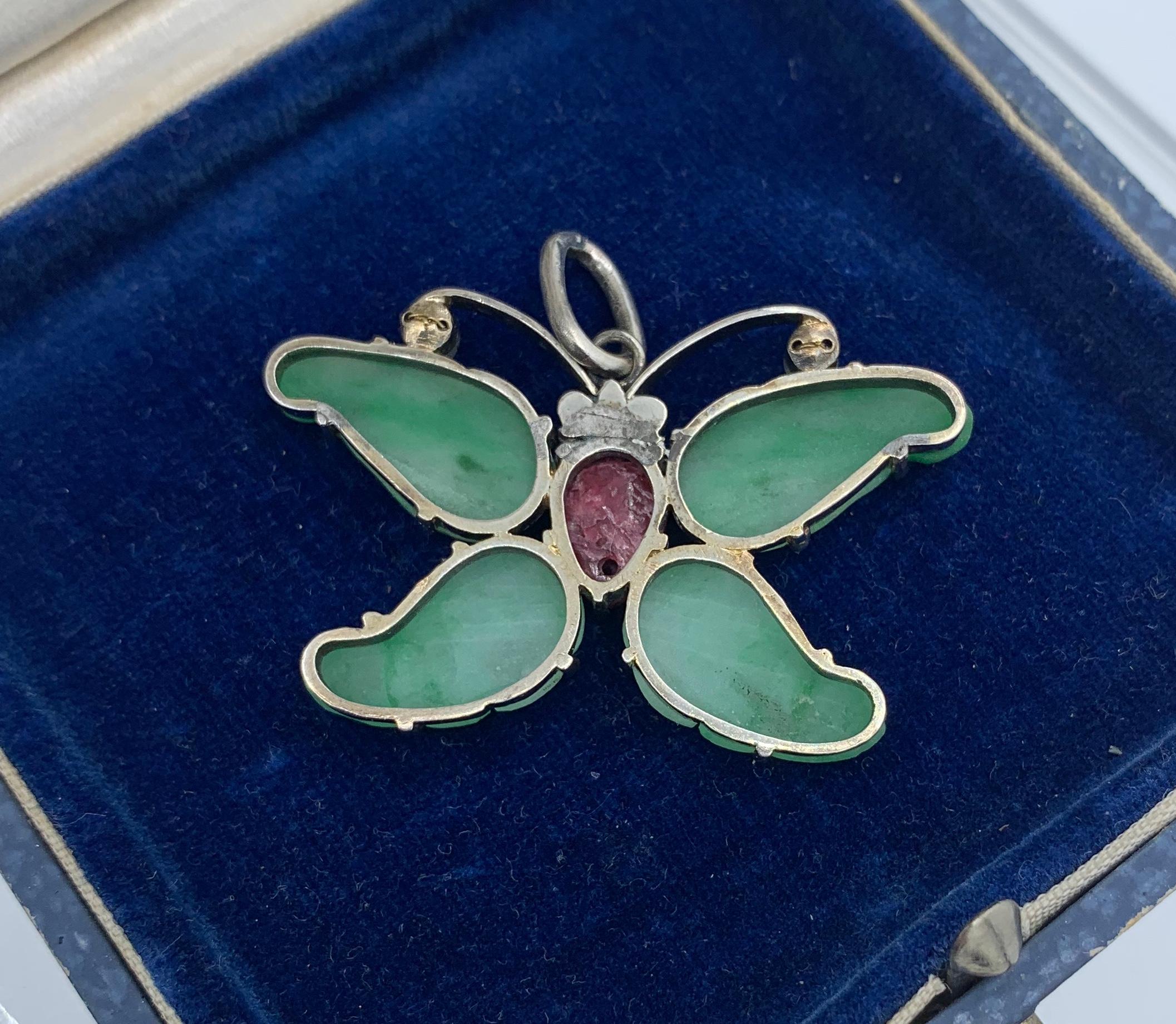 Cabochon Jade Ruby Pearl Butterfly Pendant Necklace Antique Art Deco Silver Insect For Sale