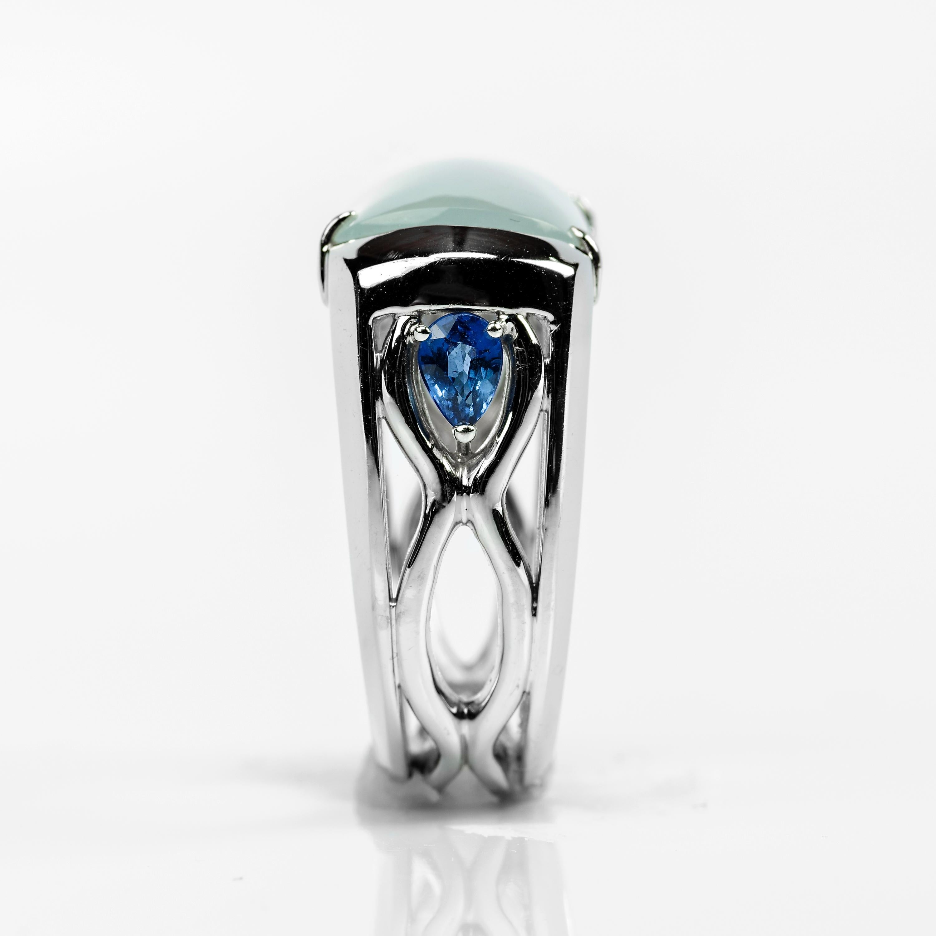 Contemporary Jade Saddle Ring Semi-Transparent Architectural Setting with Sapphires Certified