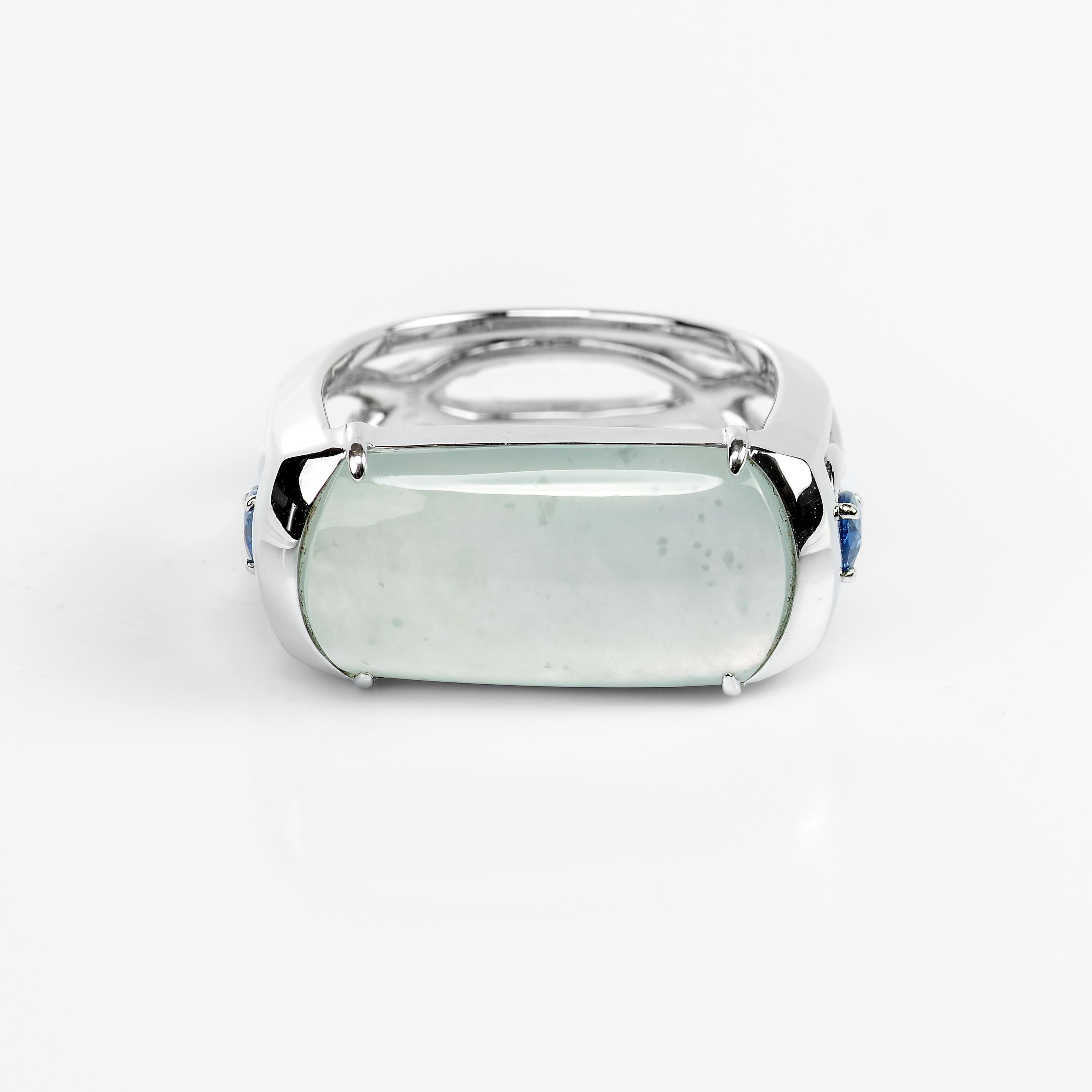 Jade Saddle Ring Semi-Transparent Architectural Setting with Sapphires Certified In Excellent Condition In Southbury, CT