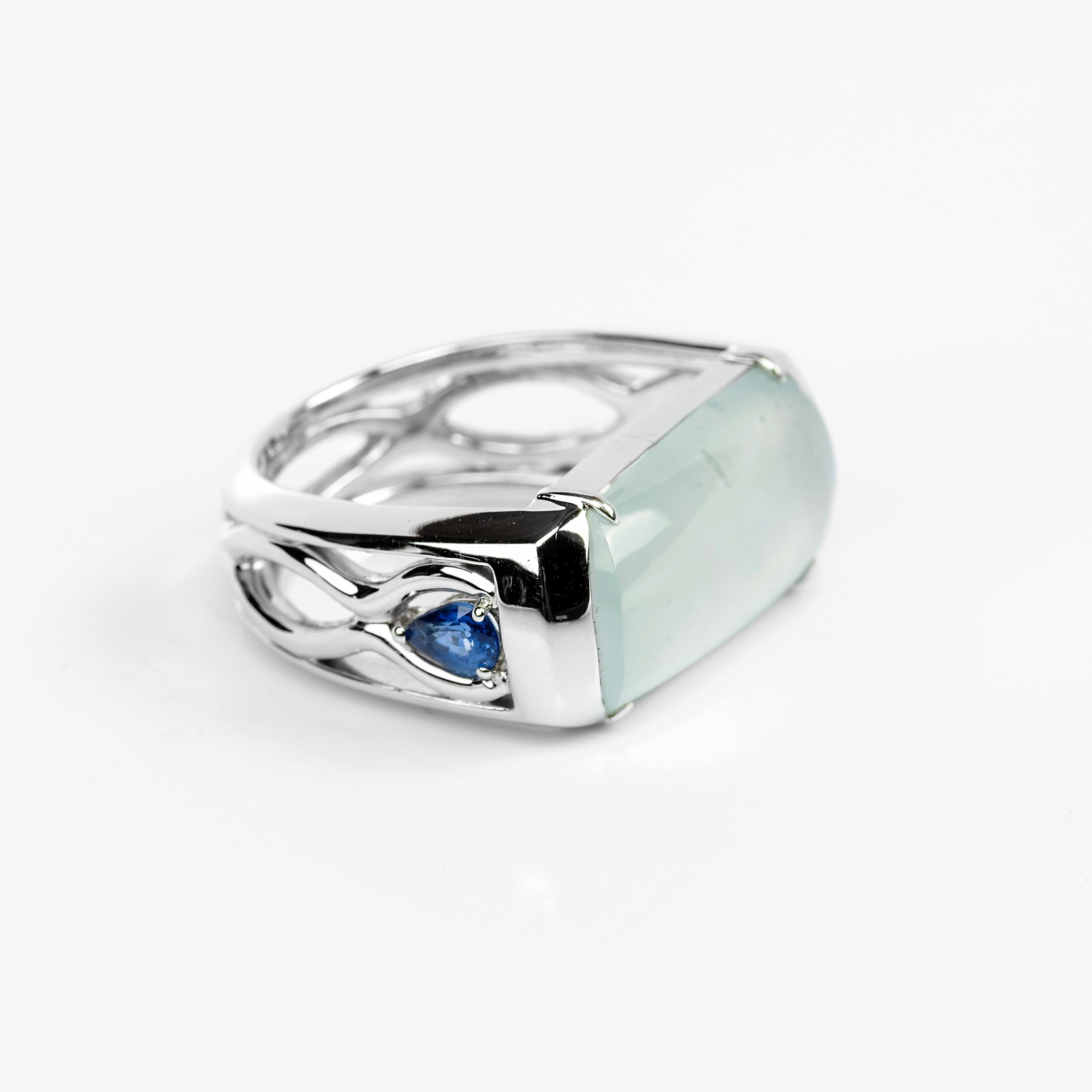 Women's or Men's Jade Saddle Ring Semi-Transparent Architectural Setting with Sapphires Certified
