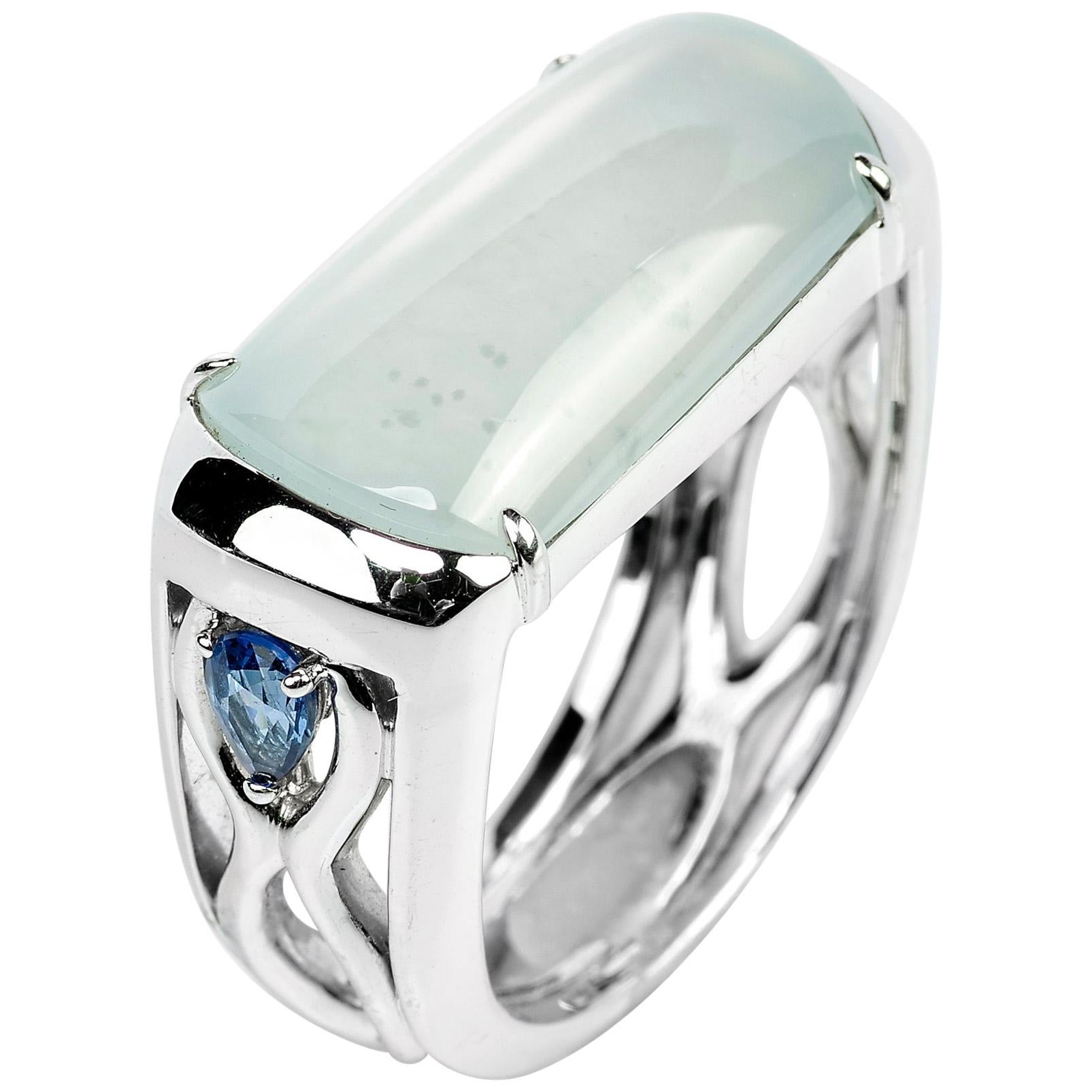 Jade Saddle Ring Semi-Transparent Architectural Setting with Sapphires Certified